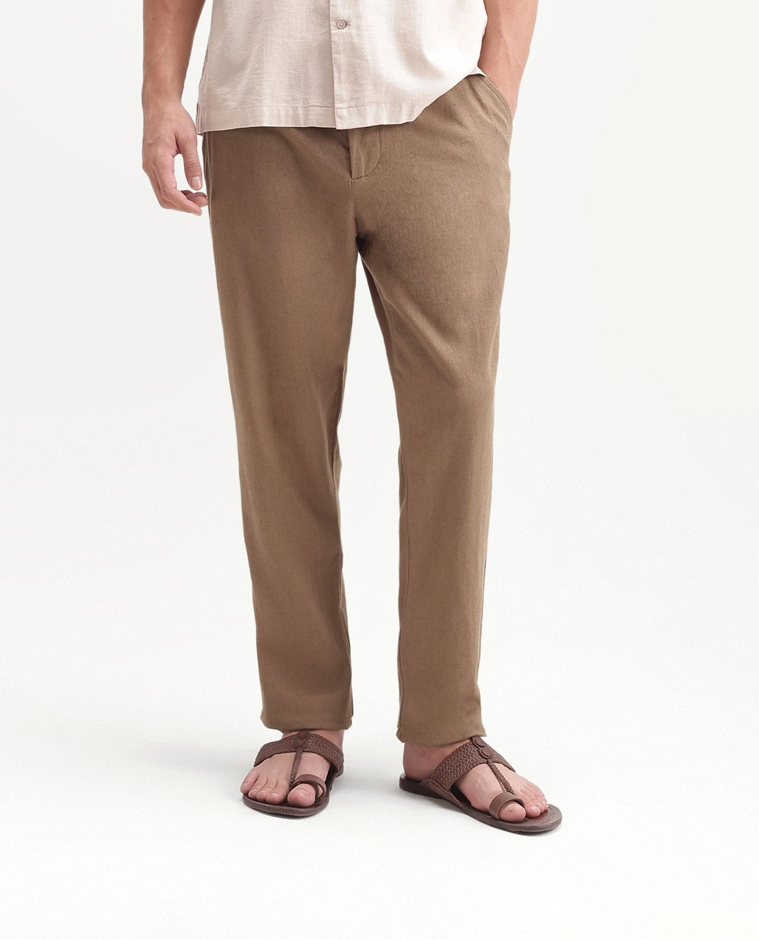 Rare Rabbit Men's Jomo-Aw26 Dusky Mustard Linen Blend Fabric Regular Fit Plain Trouser
