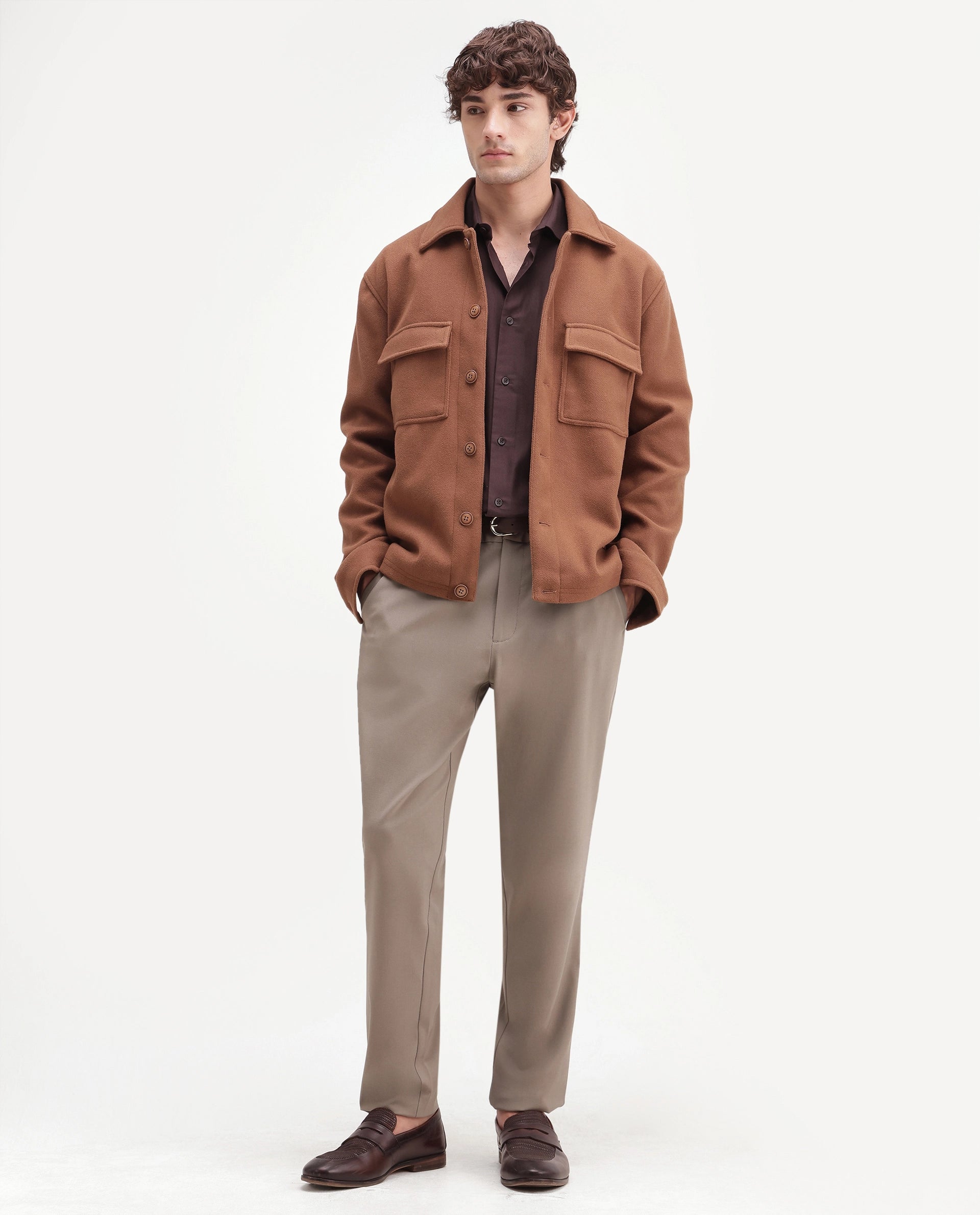 Rare Rabbit Men's Travel-Aw26 Dark Beige Polyester Blend Fabric Regular Fit Plain Trouser