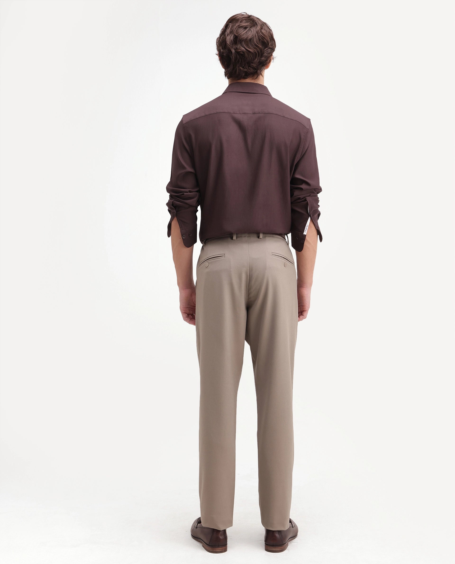 Rare Rabbit Men's Travel-Aw26 Dark Beige Polyester Blend Fabric Regular Fit Plain Trouser