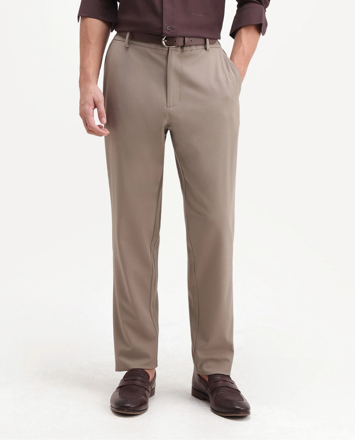 Rare Rabbit Men's Travel-Aw26 Dark Beige Polyester Blend Fabric Regular Fit Plain Trouser