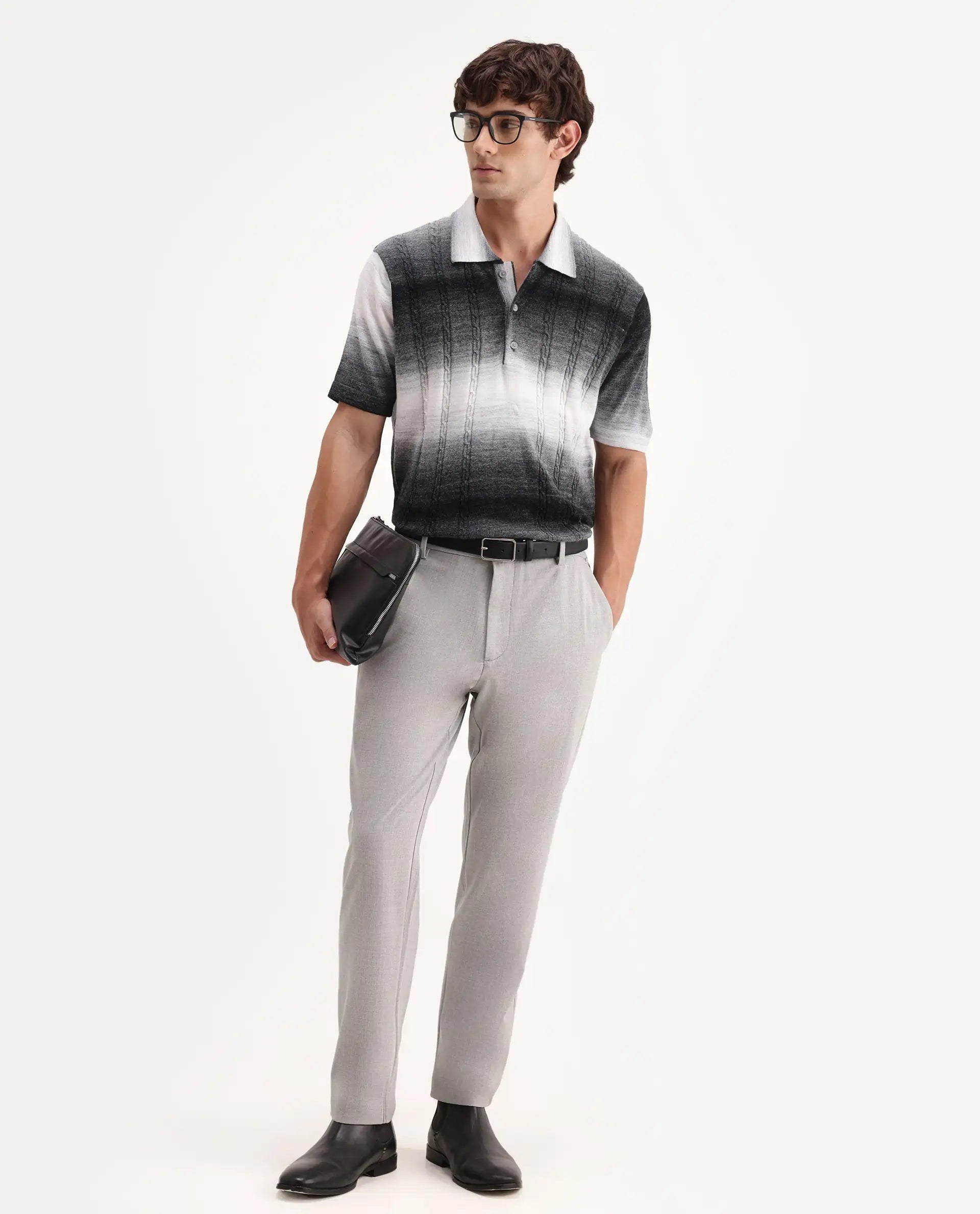 Rare Rabbit Men's Travel-Aw26 Light Grey Polyester Blend Fabric Regular Fit Plain Trouser