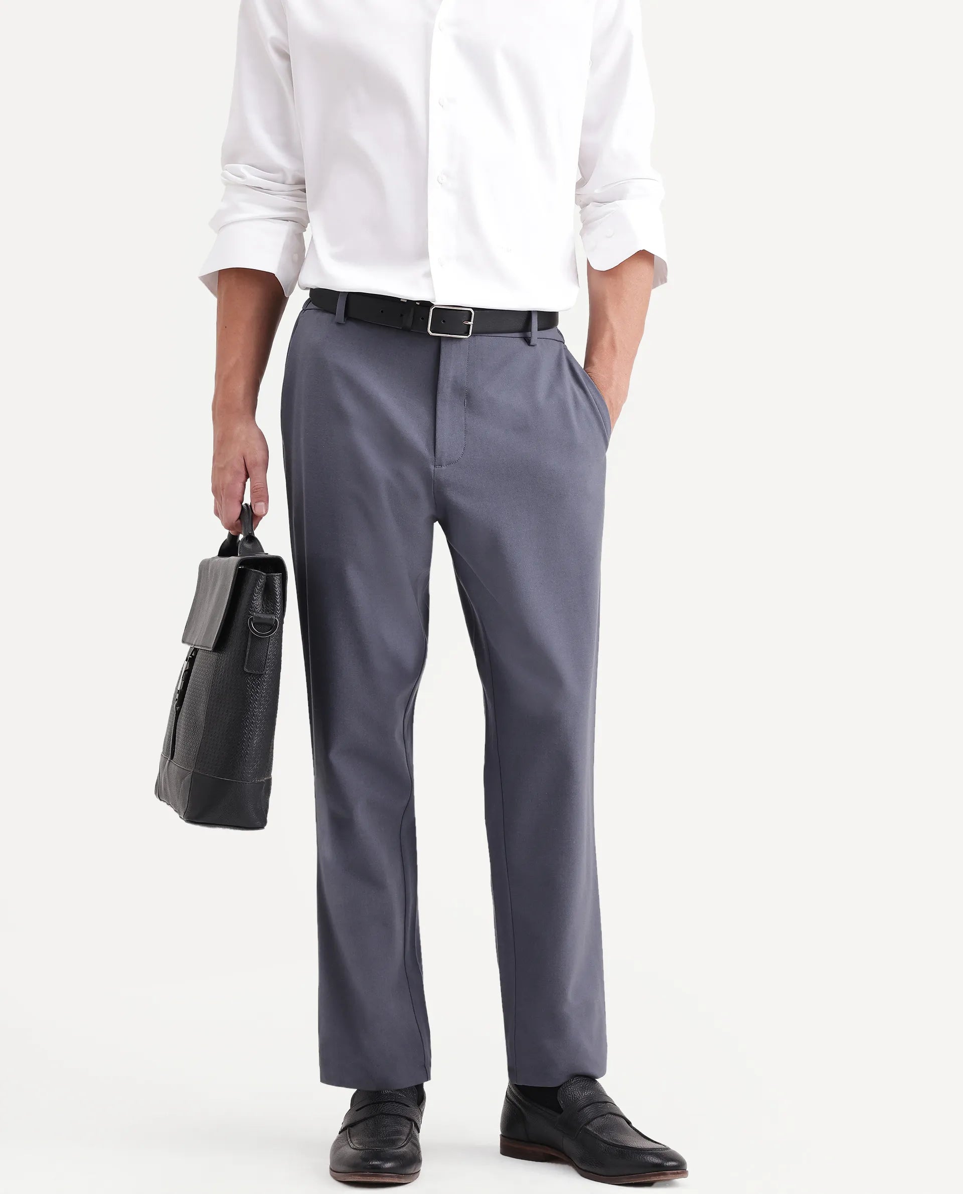 Rare Rabbit Men's Travel-Aw26 Dusky Blue Polyester Blend Fabric Regular Fit Plain Trouser