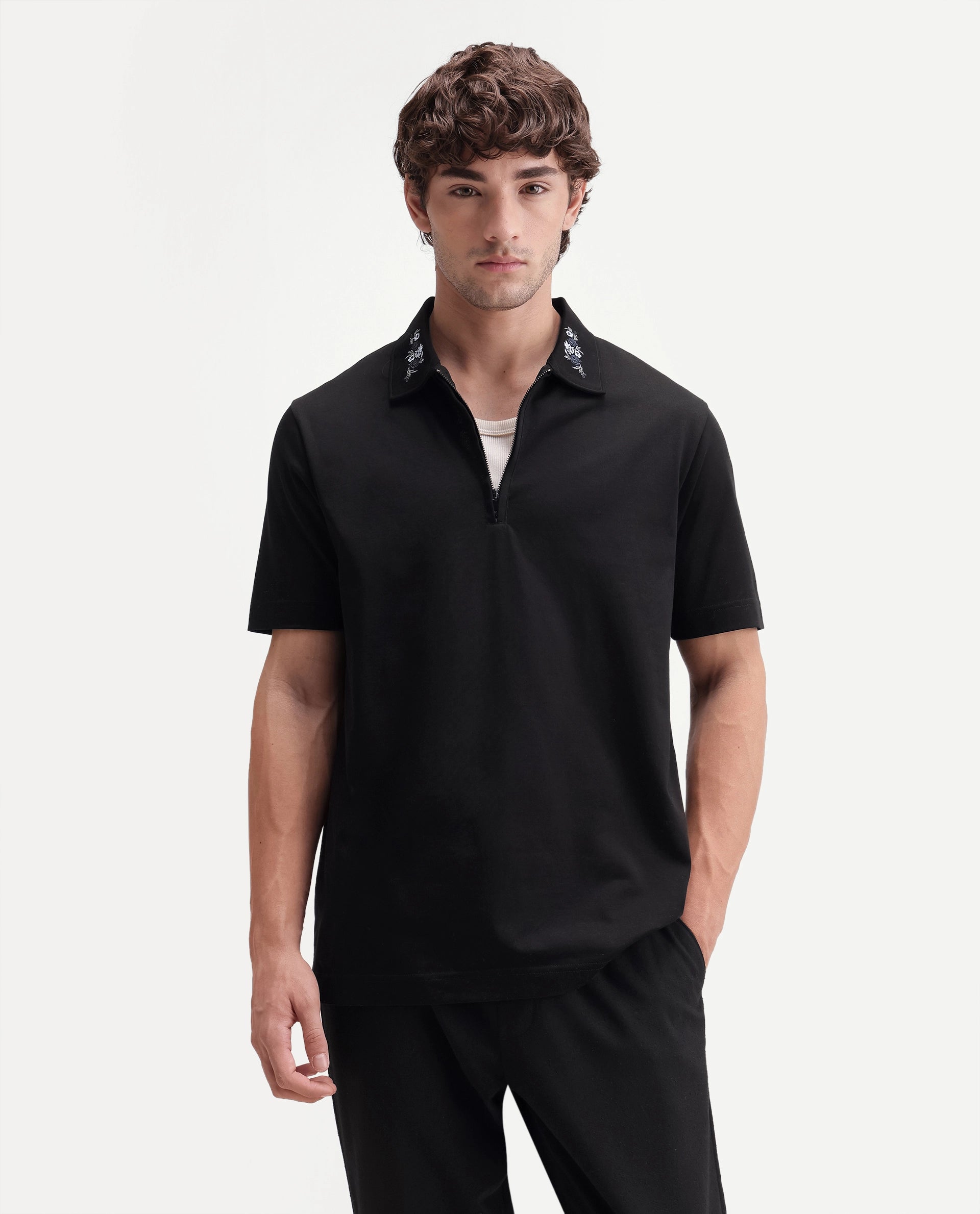 Rare Rabbit Men's Travis Black Cotton Spread Collar Regular Embroidered Polo