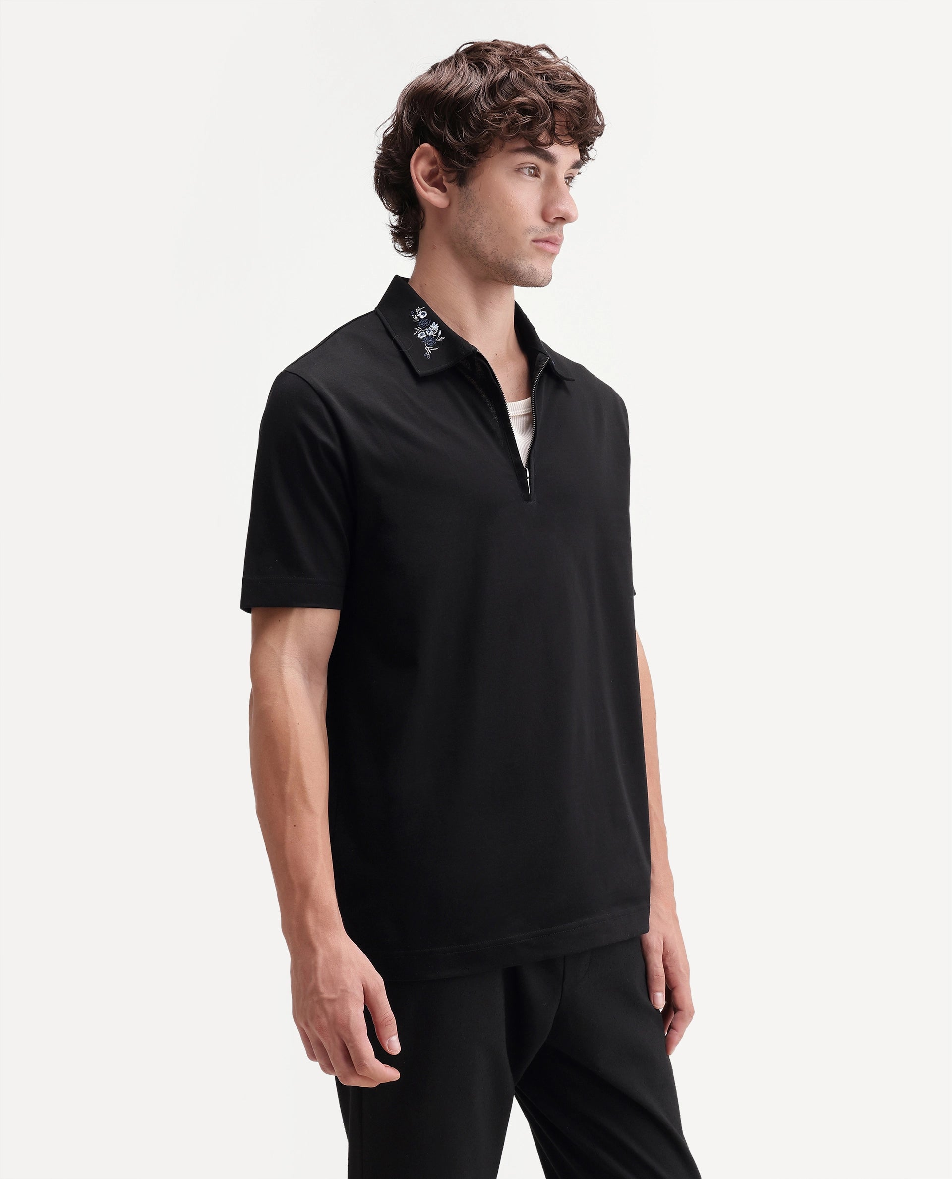 Rare Rabbit Men's Travis Black Cotton Spread Collar Regular Embroidered Polo