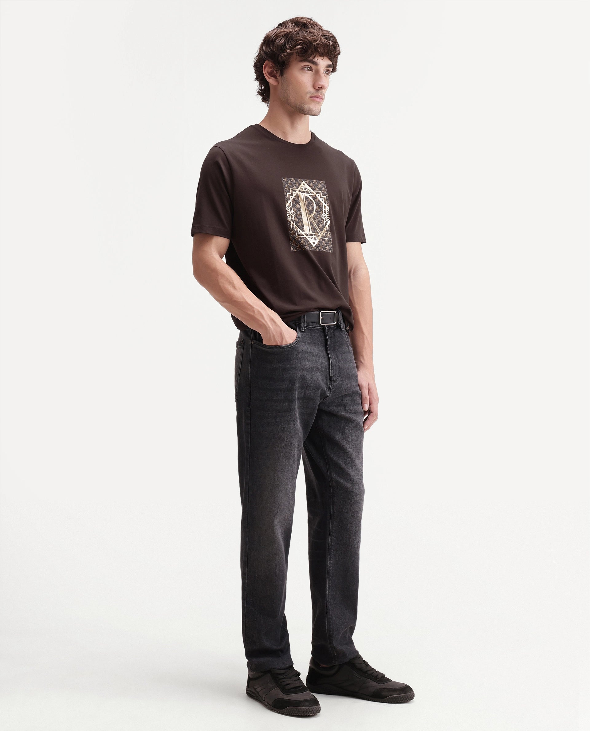 Rare Rabbit Men's Kerd Dark Brown Cotton Blend Crew Neck Regular Graphic Print T-Shirt