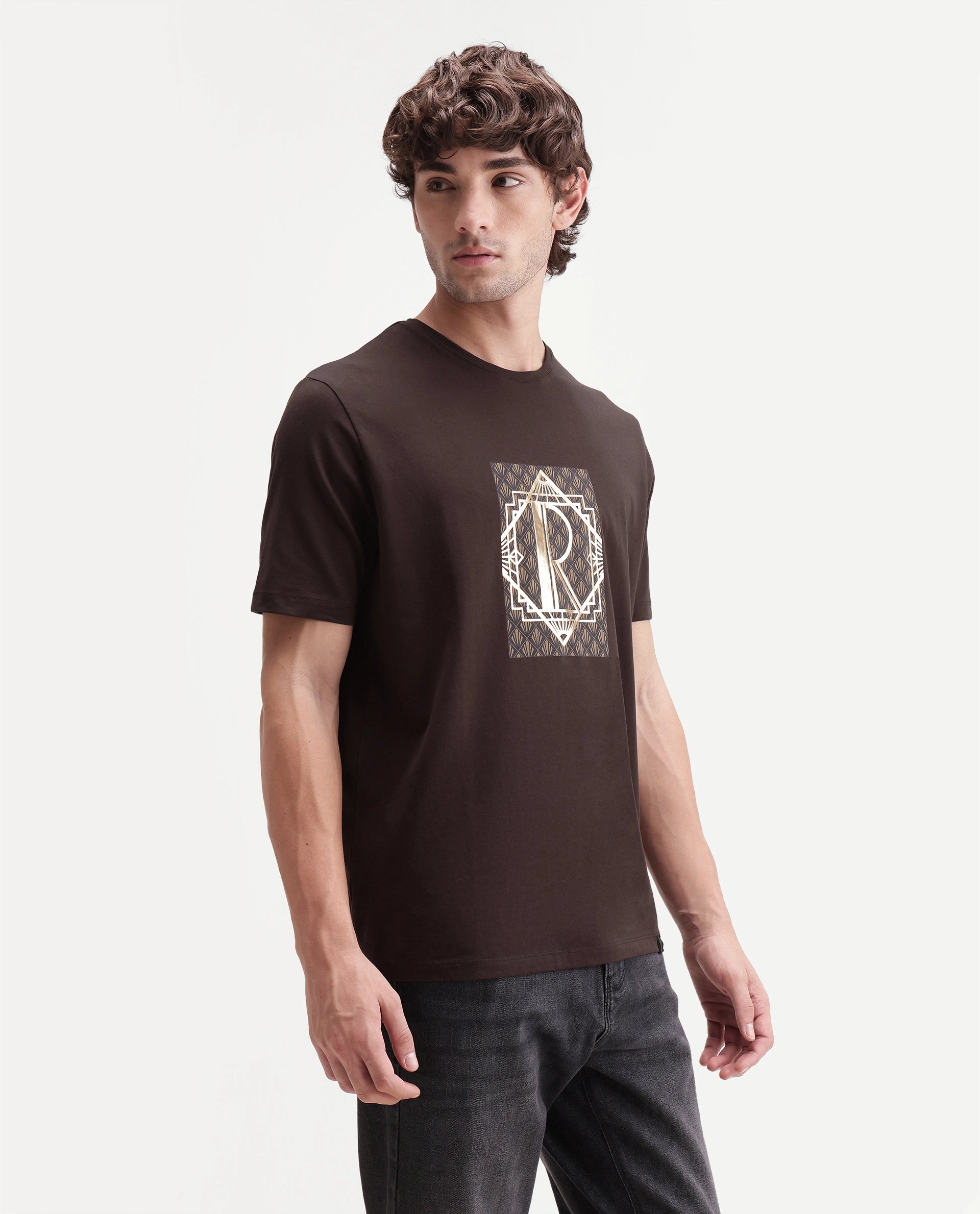 Rare Rabbit Men's Kerd Dark Brown Cotton Blend Crew Neck Regular Graphic Print T-Shirt
