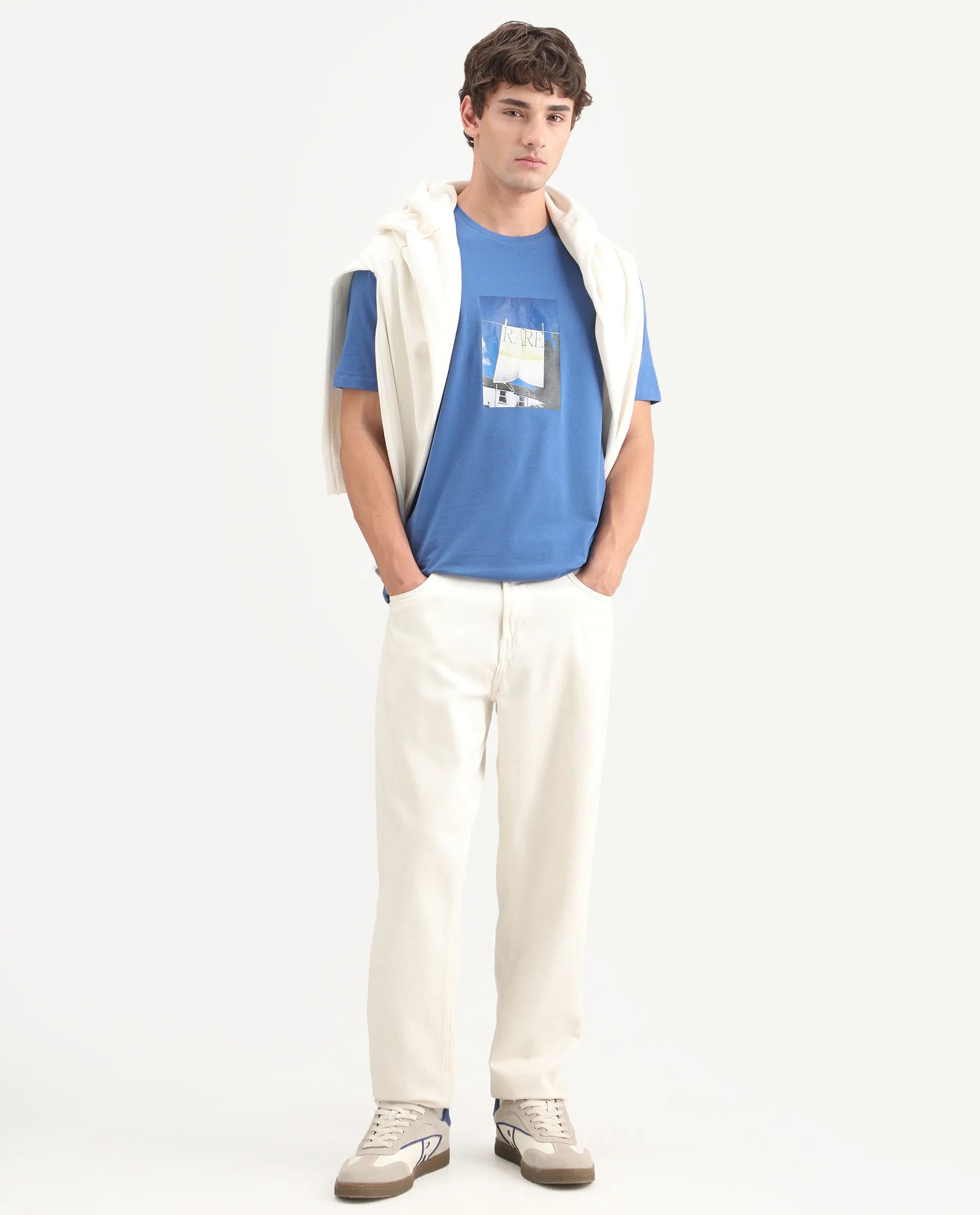 Rare Rabbit Men's Kapo Blue Cotton Blend Regular Half Sleeves Graphic Print T-Shirt