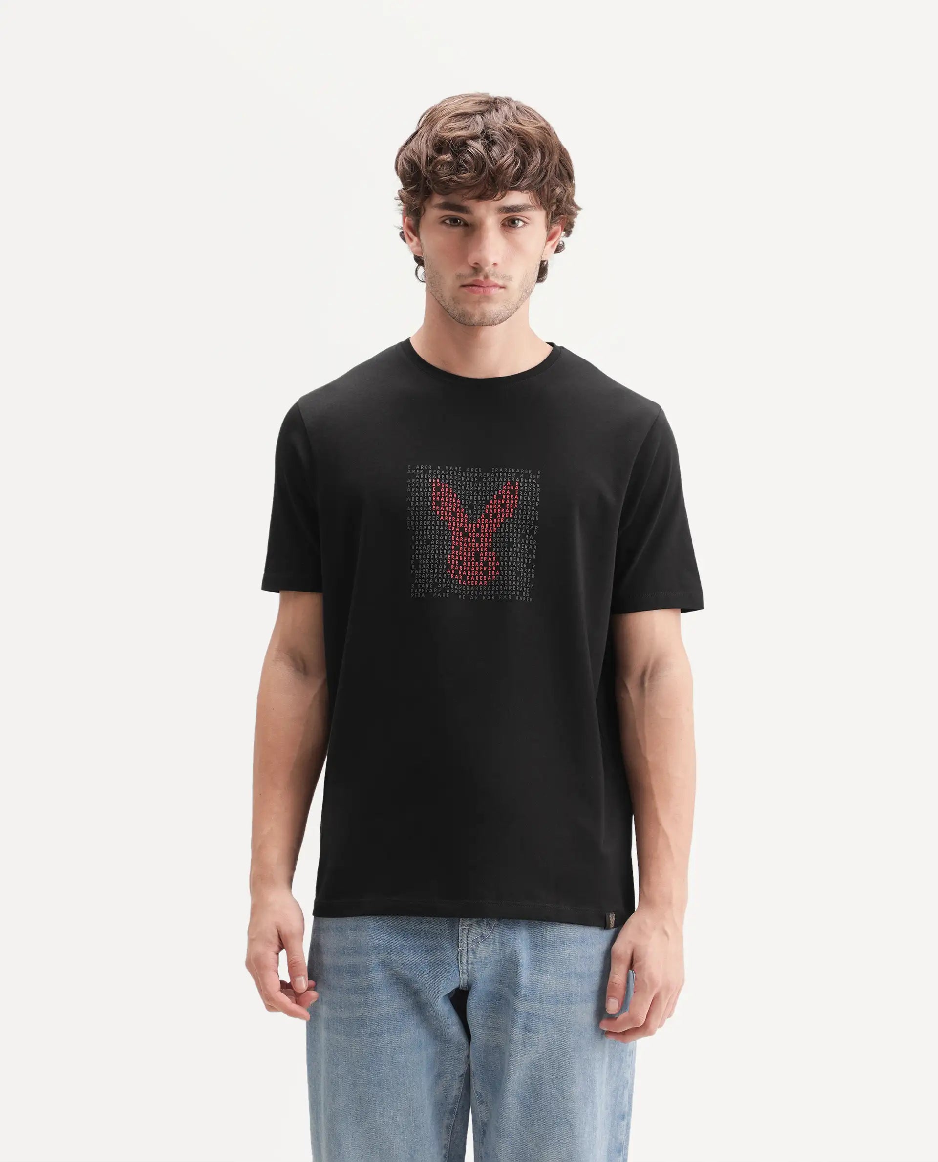Rare Rabbit Men's Leton Black Cotton Blend Crew Neck Regular Graphic Print T-Shirt
