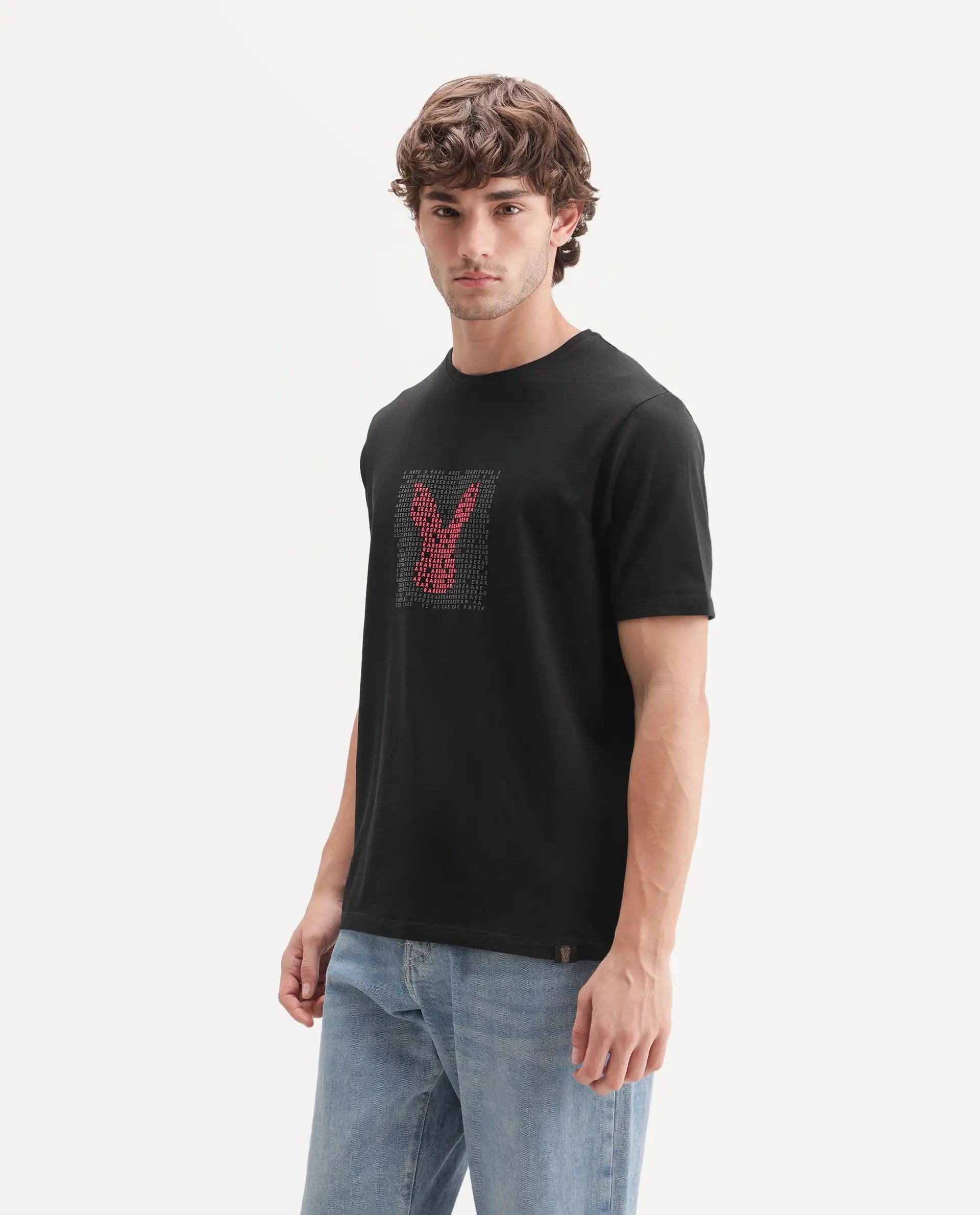 Rare Rabbit Men's Leton Black Cotton Blend Crew Neck Regular Graphic Print T-Shirt