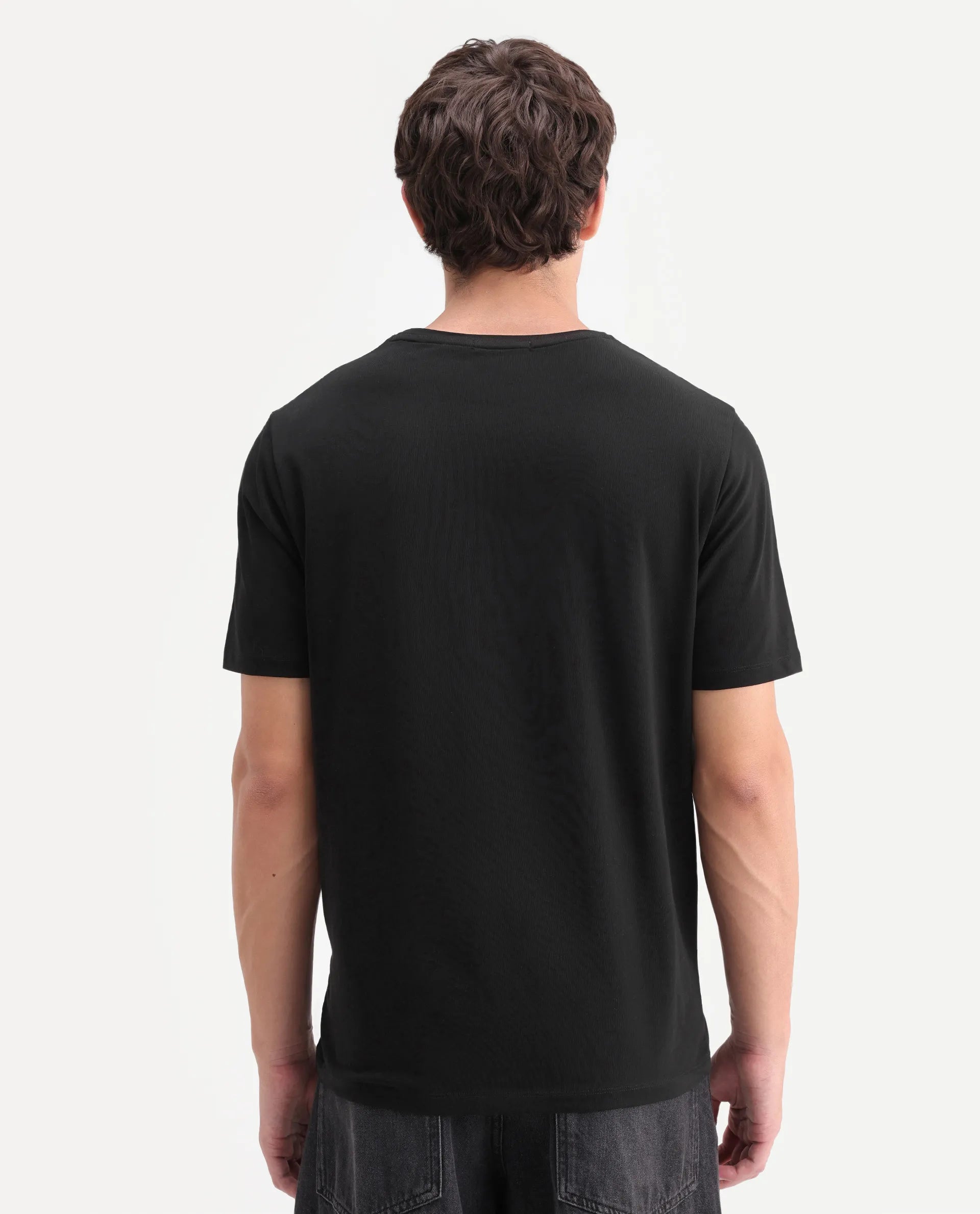 Rare Rabbit Men's Pufr Black Cotton Blend Regular Half Sleeves Graphic Print T-Shirt