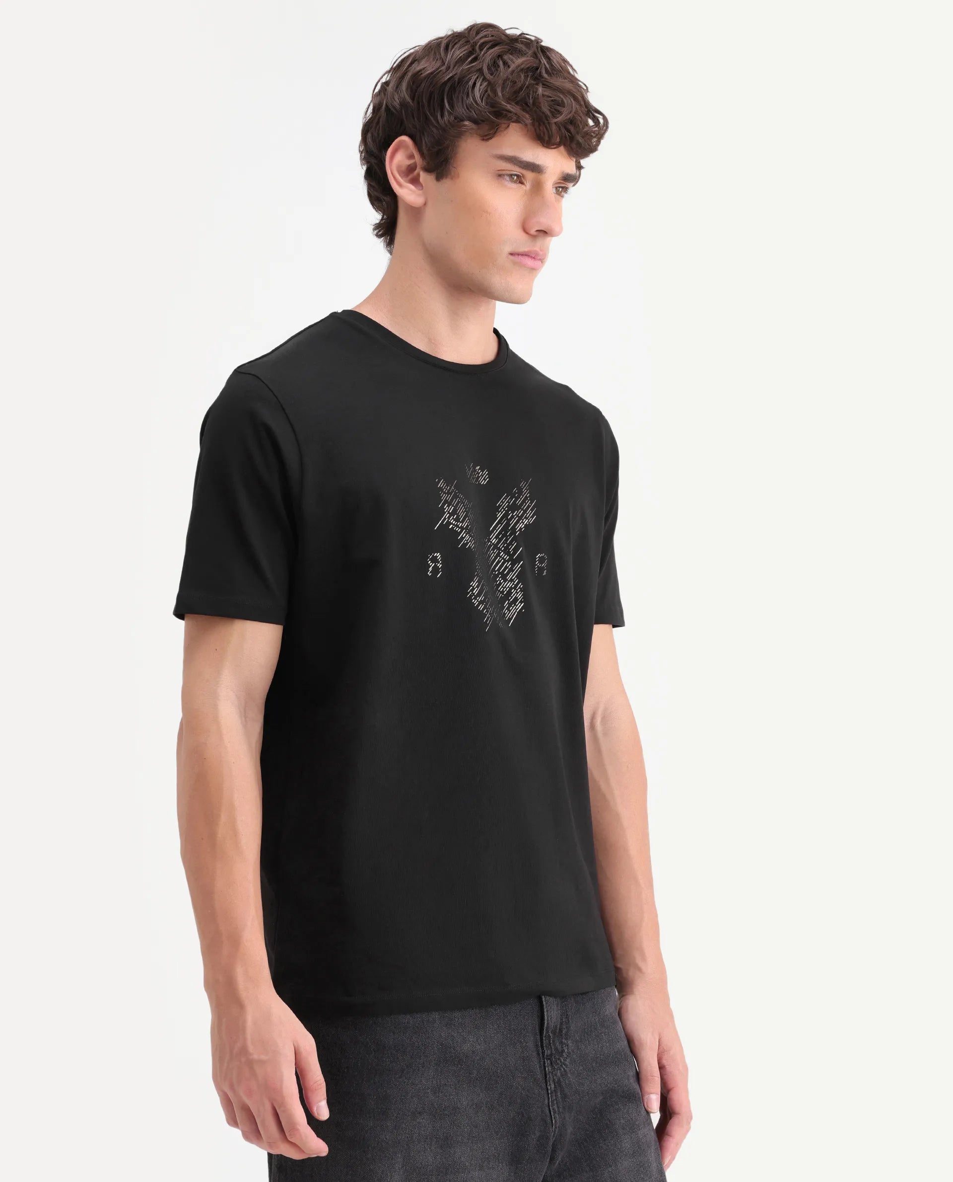 Rare Rabbit Men's Pufr Black Cotton Blend Regular Half Sleeves Graphic Print T-Shirt