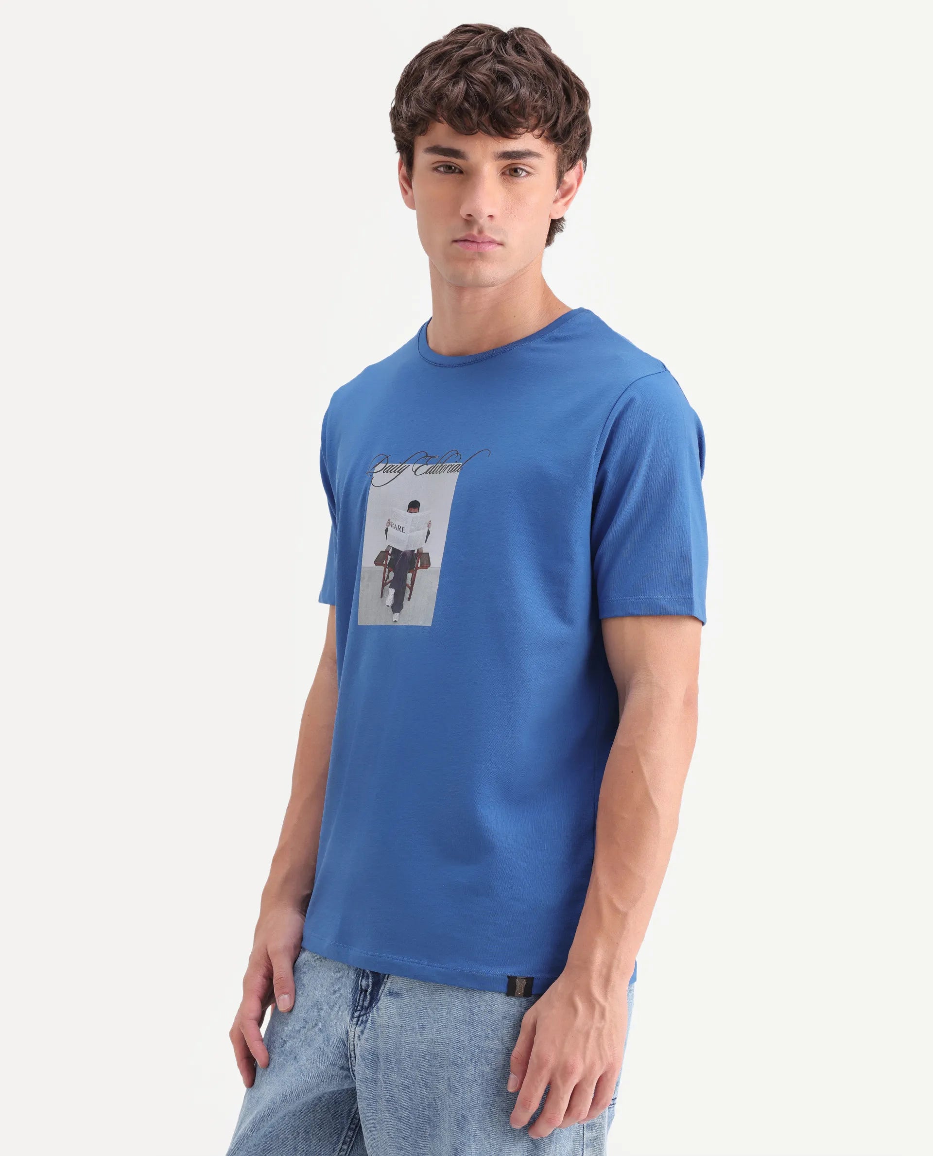 Rare Rabbit Men's Dame Blue Cotton Blend Crew Neck Regular Graphic Print T-Shirt
