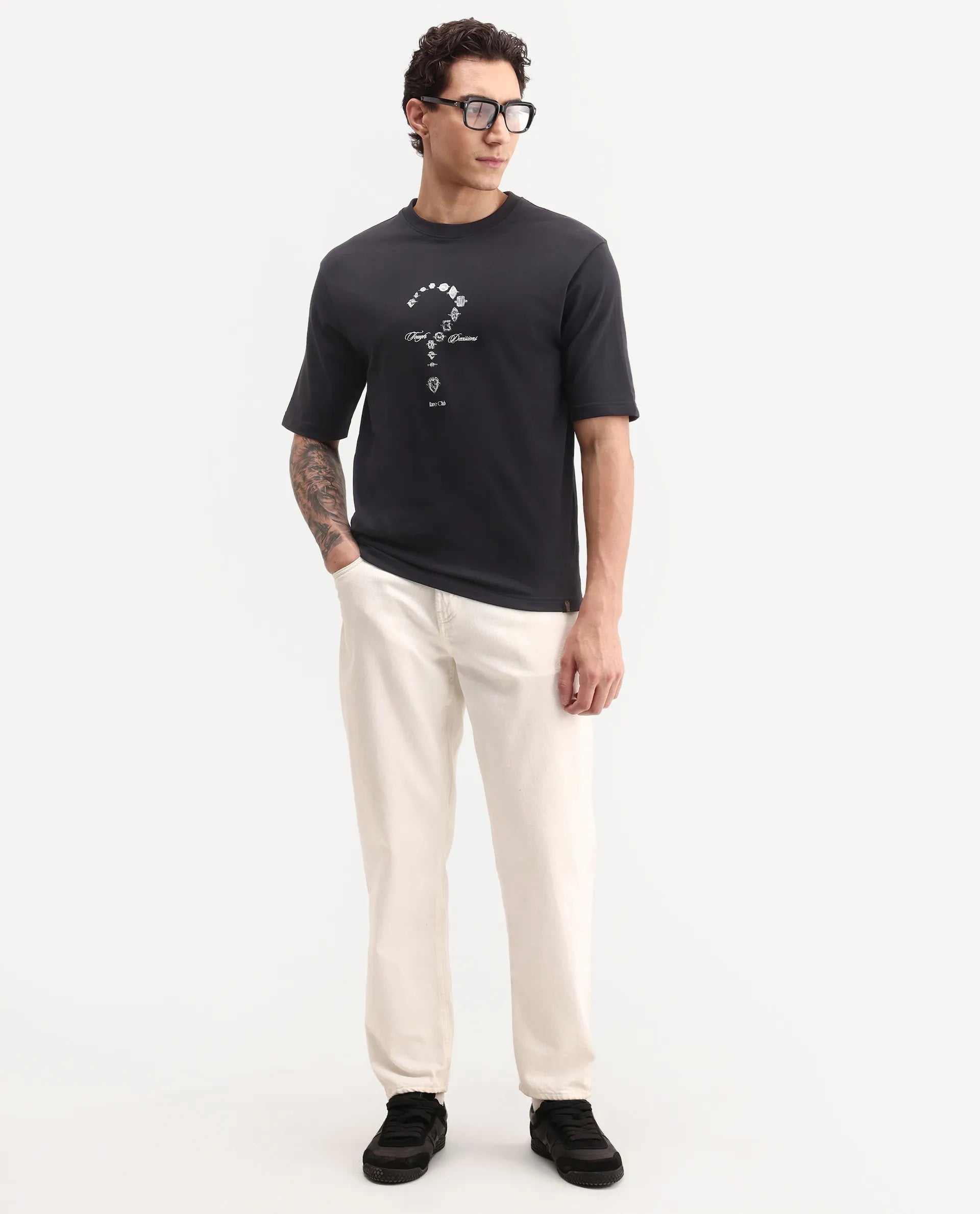 Rare Rabbit Men's Nexol Black Cotton Crew Neck Regular Fit Graphic Print T-Shirt