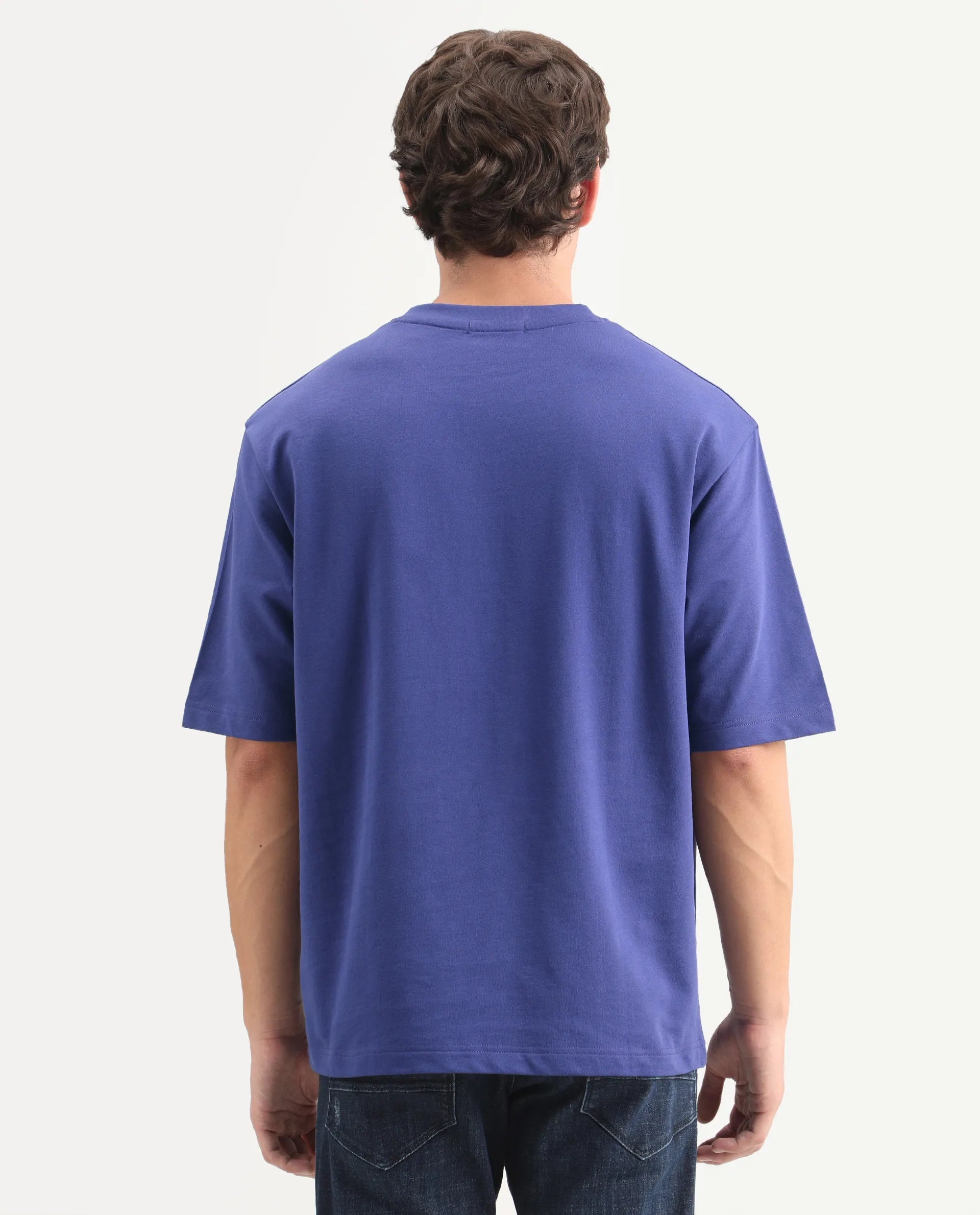 Rare Rabbit Men's Tuft Dark Purple Cotton Crew Neck Regular Embroidered T-Shirt
