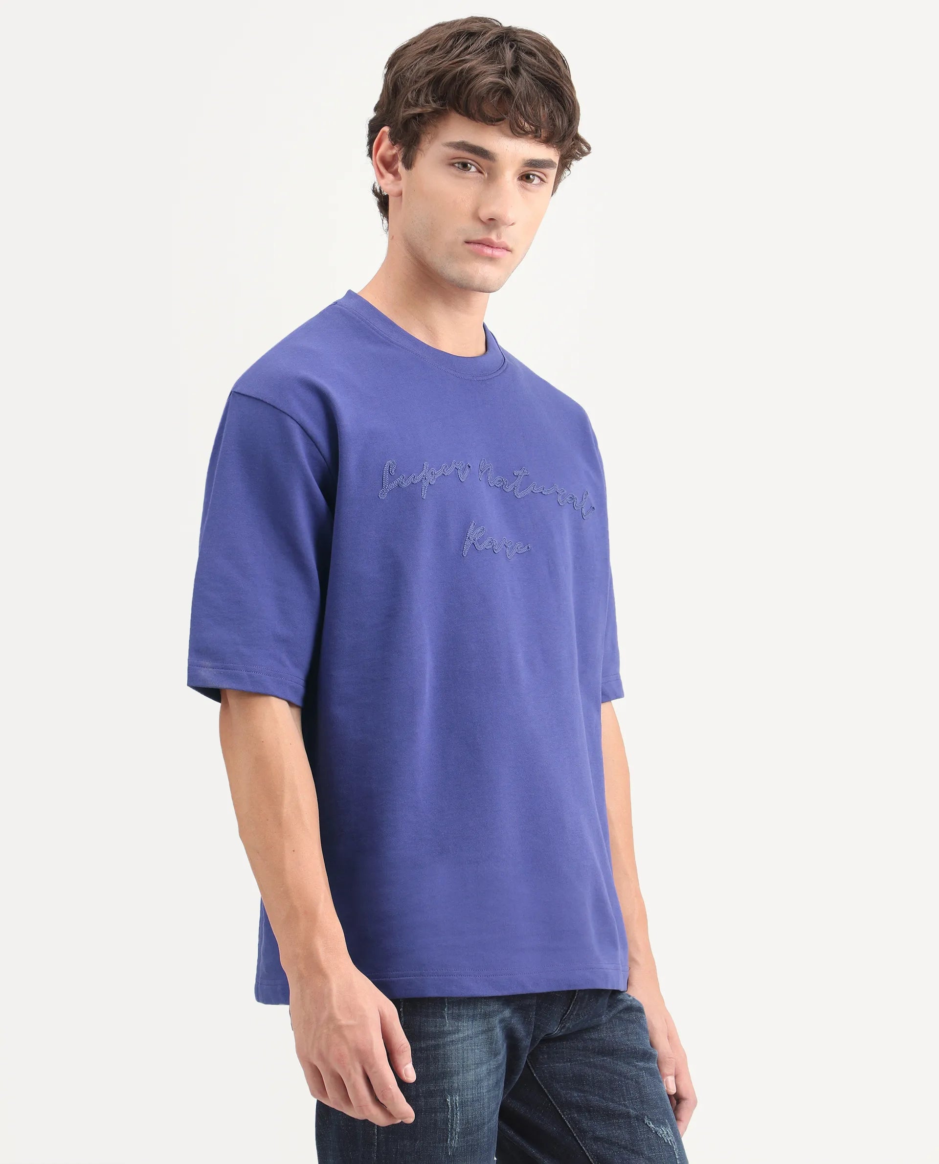 Rare Rabbit Men's Tuft Dark Purple Cotton Crew Neck Regular Embroidered T-Shirt