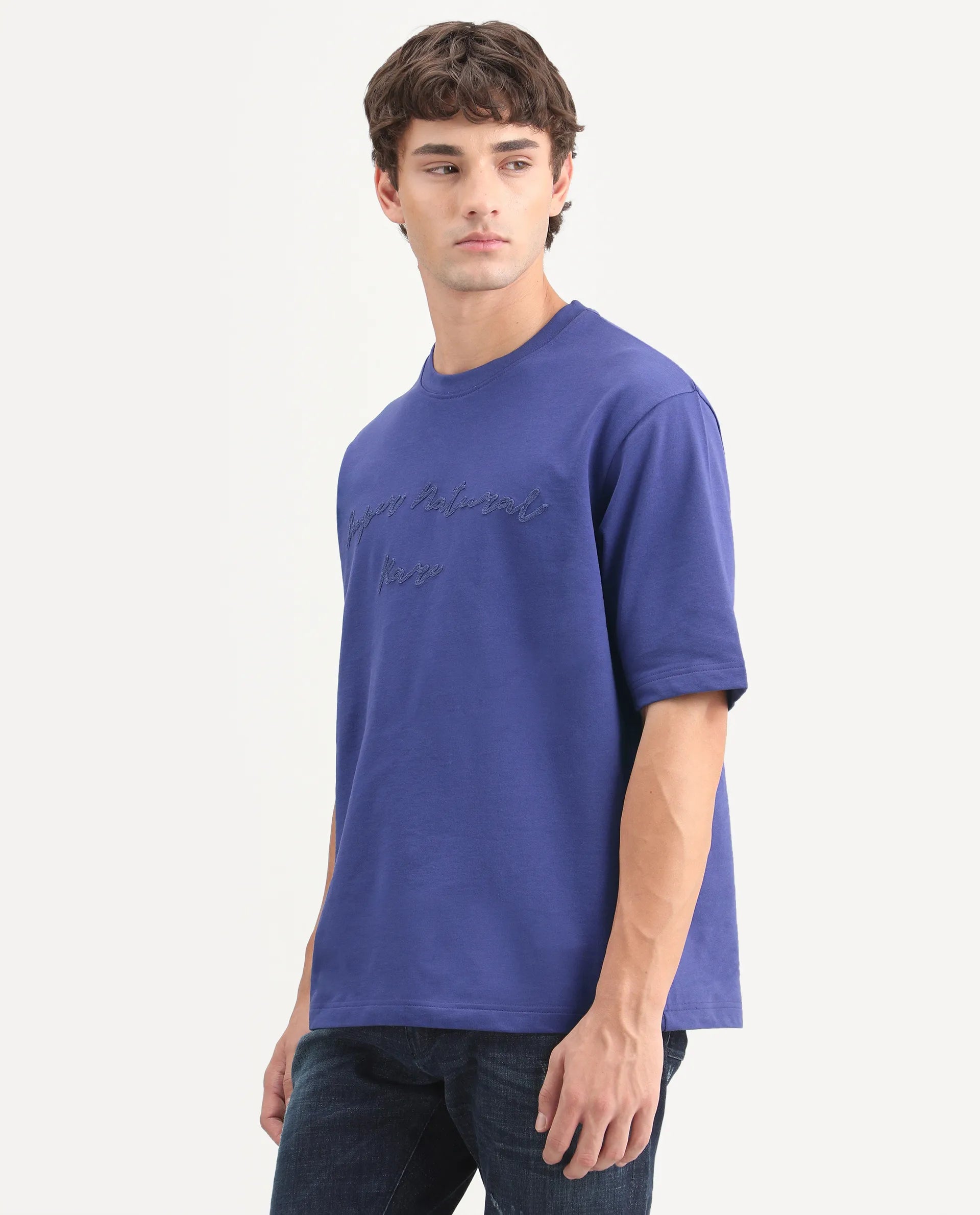 Rare Rabbit Men's Tuft Dark Purple Cotton Crew Neck Regular Embroidered T-Shirt