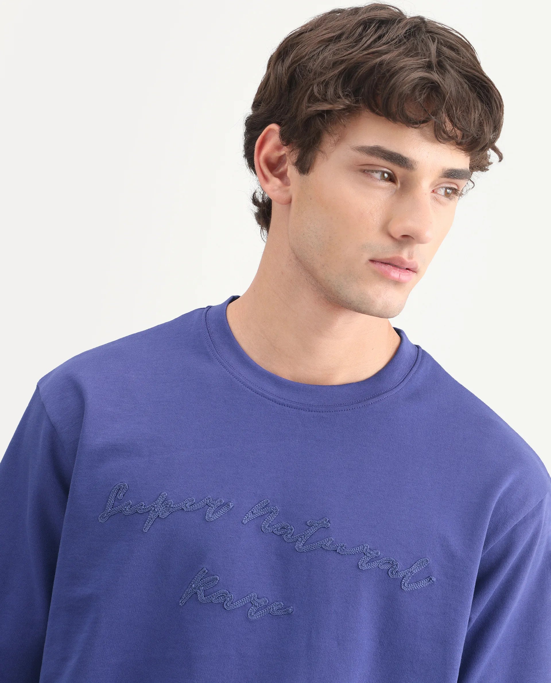 Rare Rabbit Men's Tuft Dark Purple Cotton Crew Neck Regular Embroidered T-Shirt