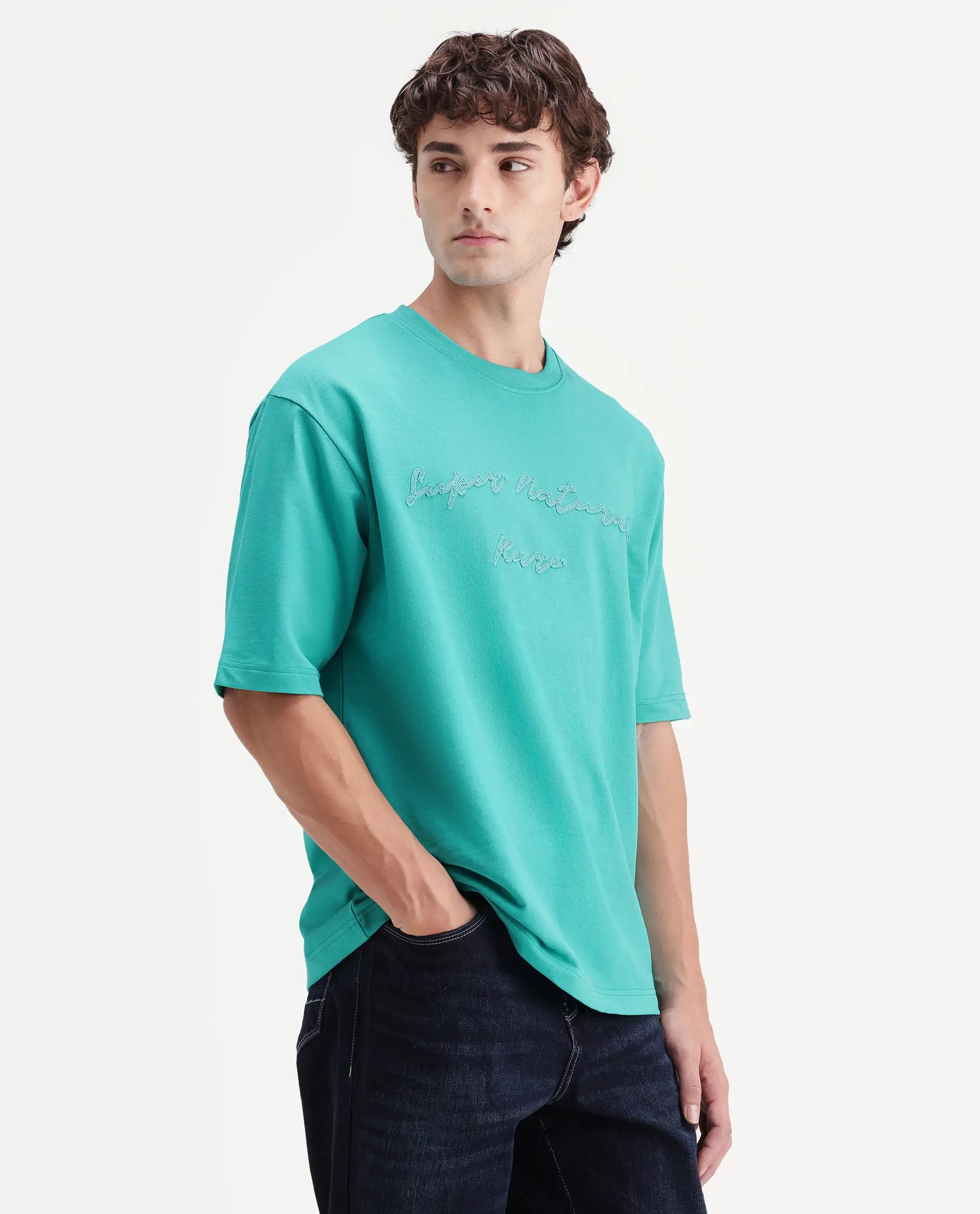 Rare Rabbit Men's Tuft Fluorescent Green Cotton Crew Neck Regular Embroidered T-Shirt