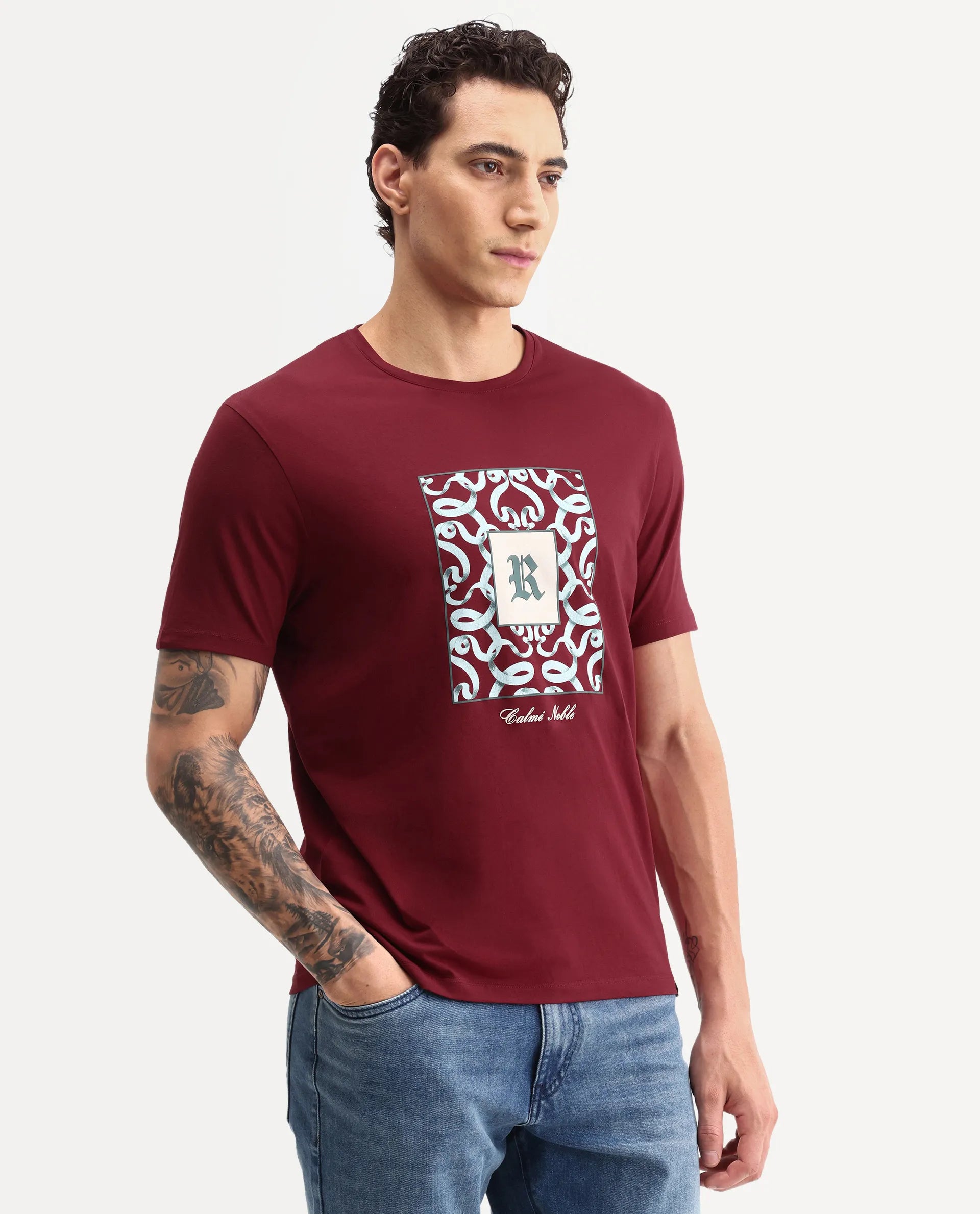 Rare Rabbit Men's Timol Dark Red Cotton Blend Crew Neck Regular Graphic Print T-Shirt
