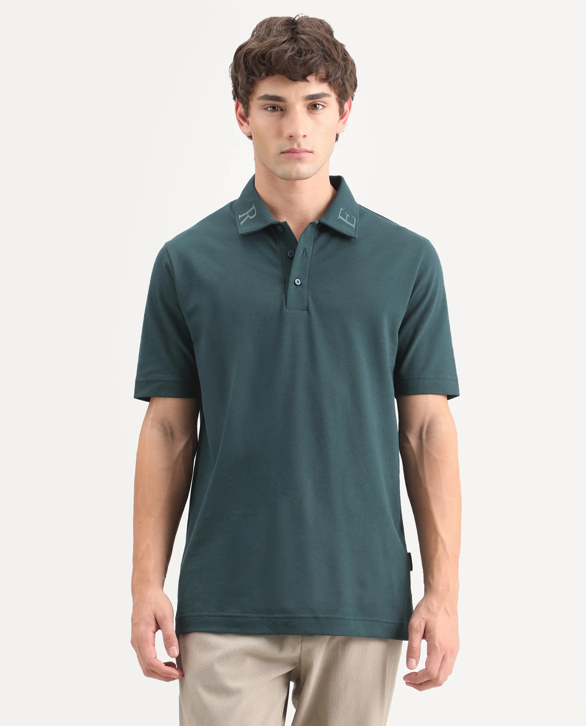 Rare Rabbit Men's Fabios Petrol Cotton Regular Fit Half Sleeves Plain Polo