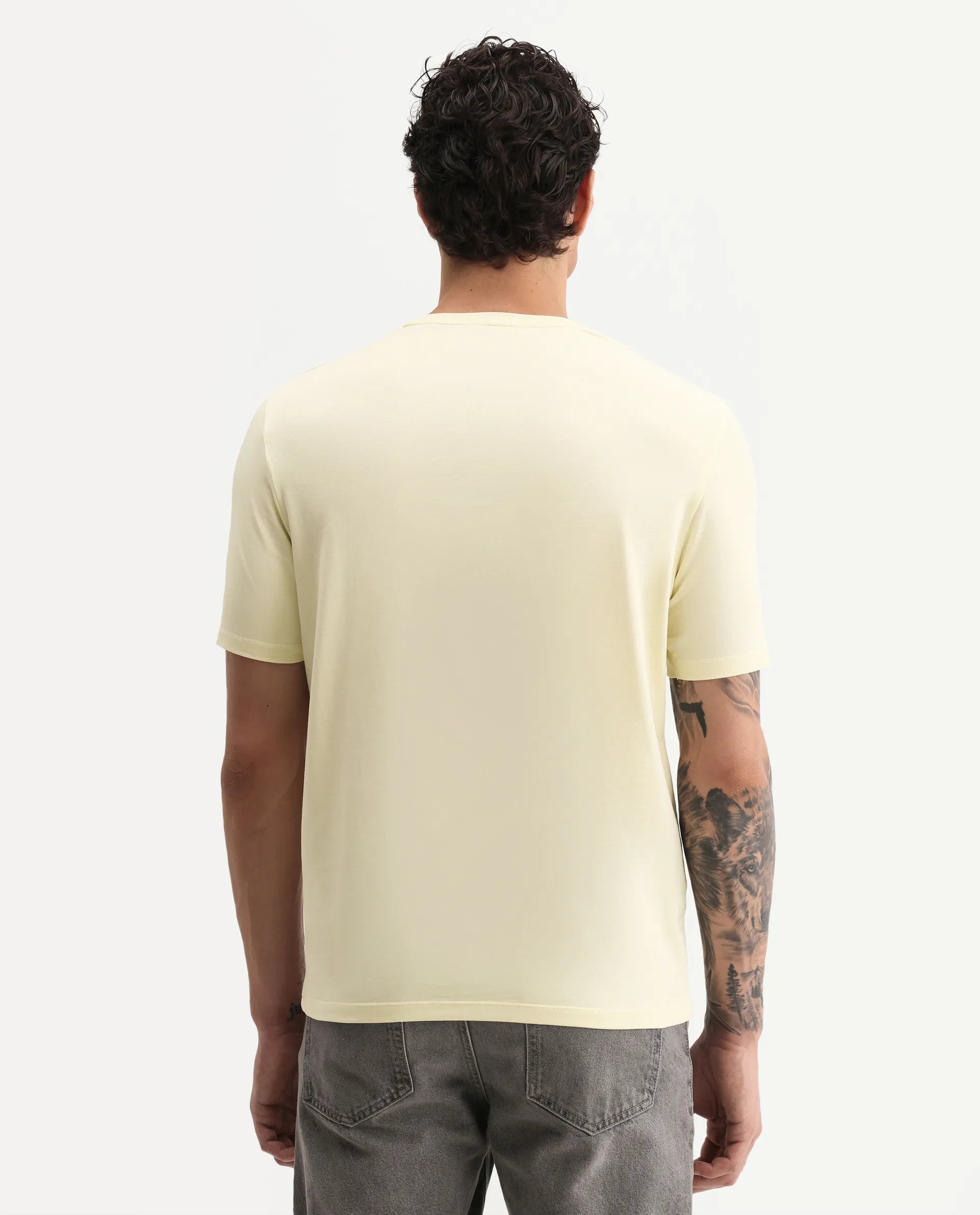 Rare Rabbit Men's Mangs Light Yellow Cotton Blend Crew Neck Regular Graphic Print T-Shirt