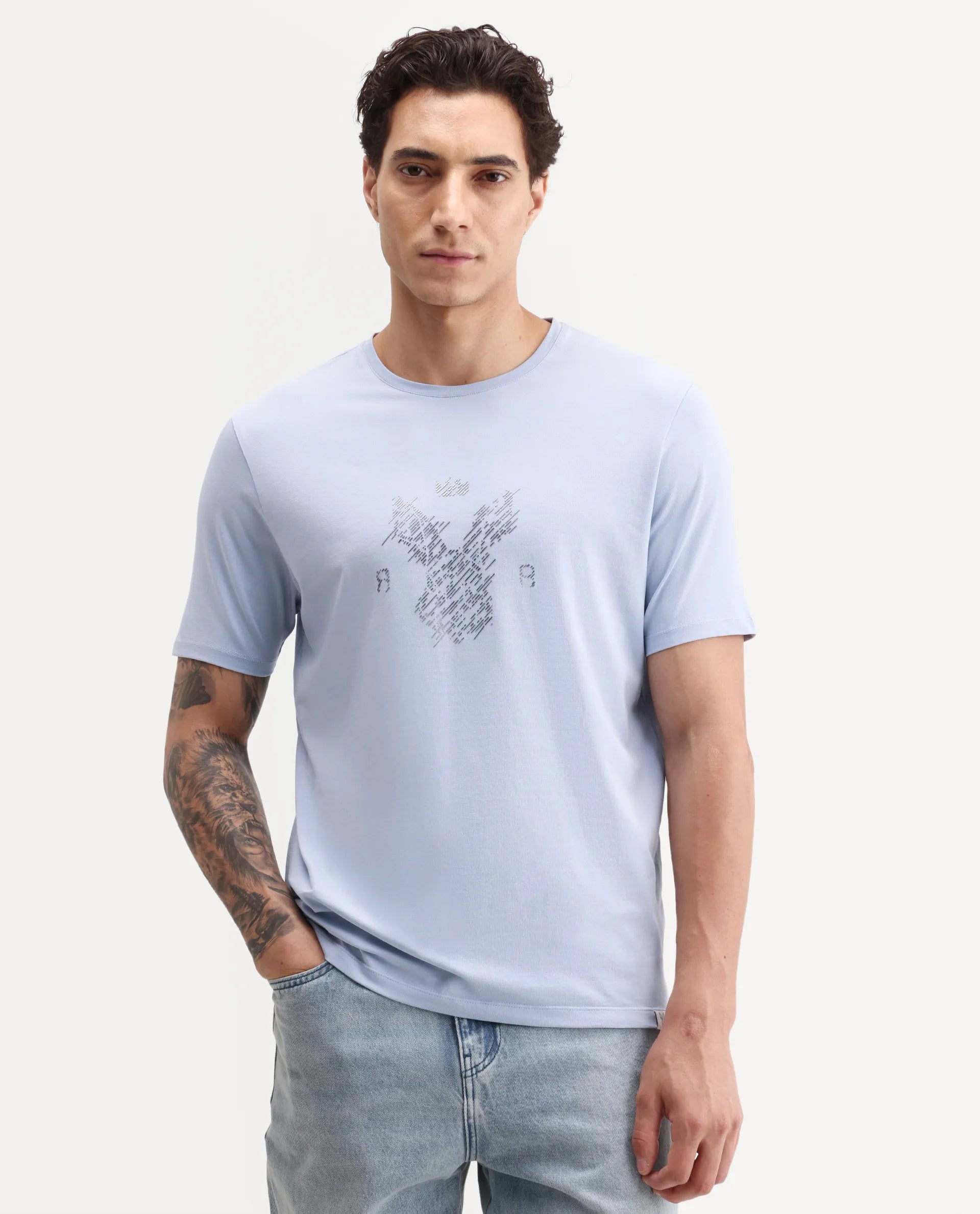 Rare Rabbit Men's Pufr Light Blue Cotton Blend Crew Neck Regular Graphic Print T-Shirt