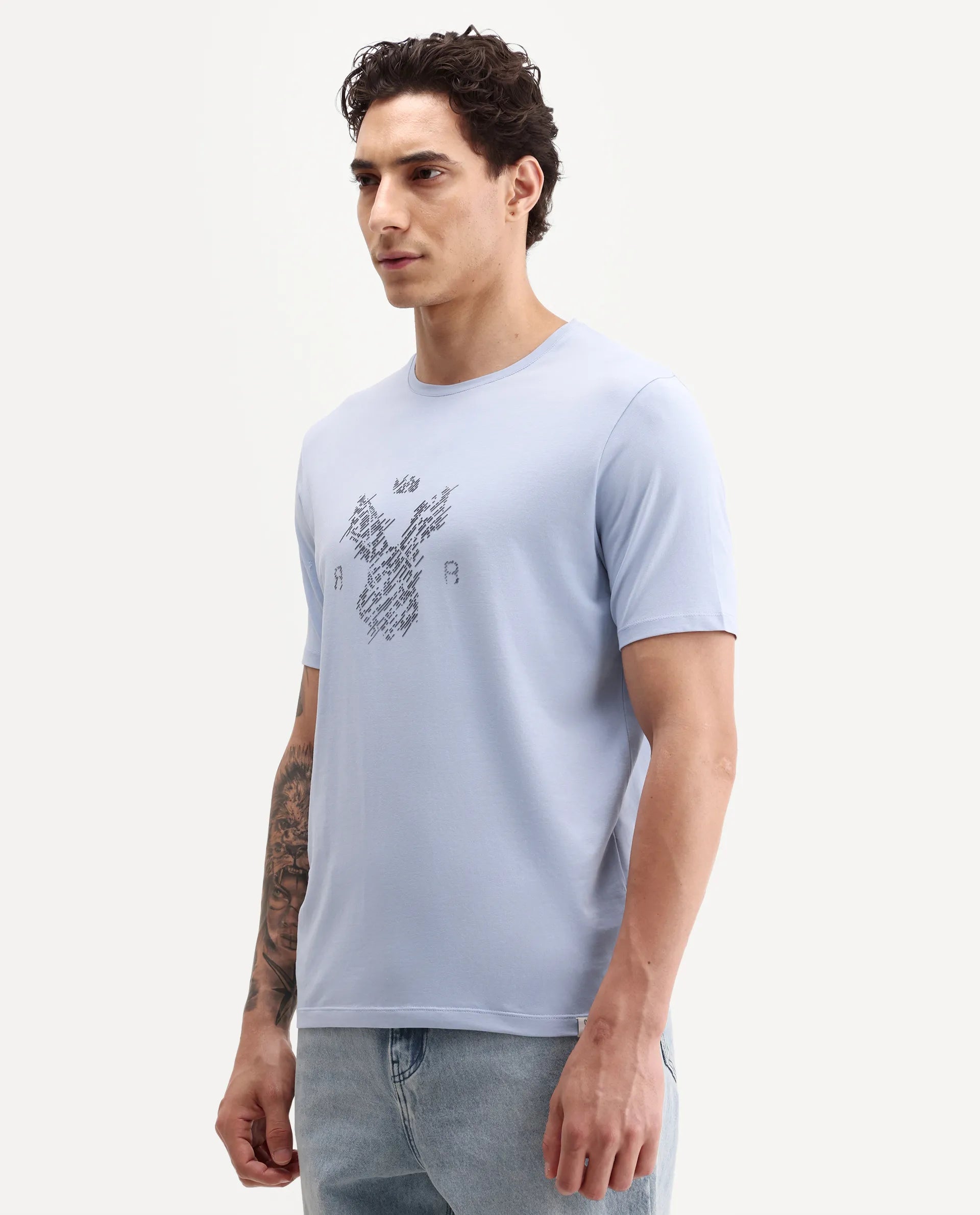 Rare Rabbit Men's Pufr Light Blue Cotton Blend Crew Neck Regular Graphic Print T-Shirt