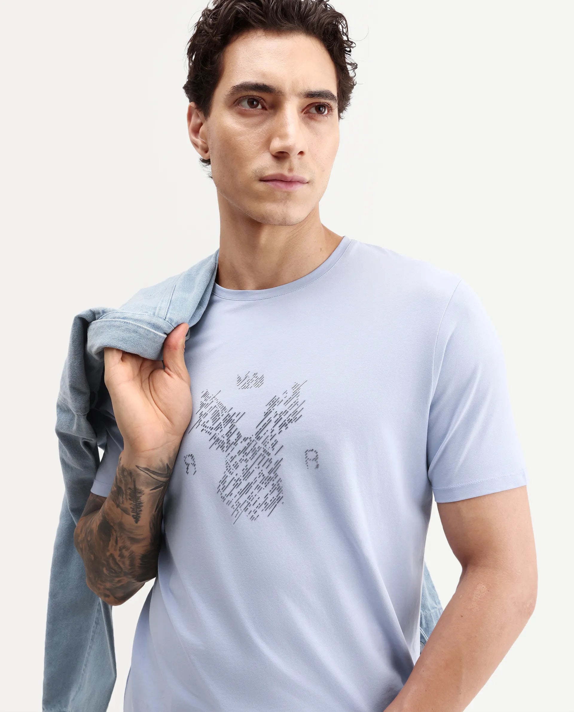 Rare Rabbit Men's Pufr Light Blue Cotton Blend Crew Neck Regular Graphic Print T-Shirt