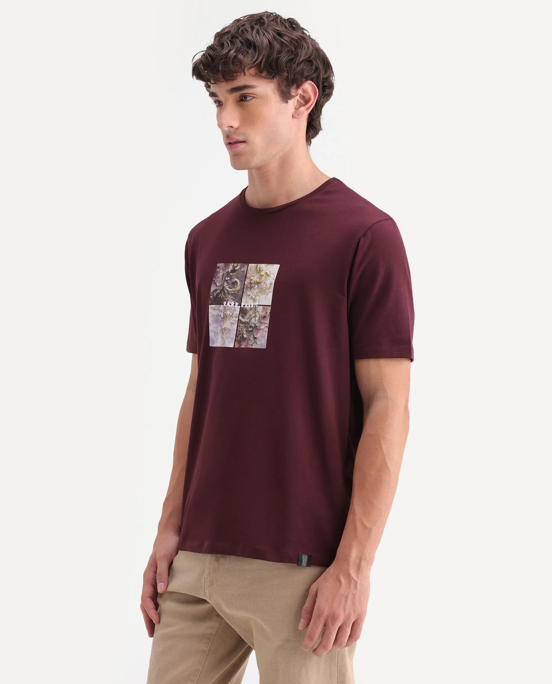 Rare Rabbit Men's Dral Dark Maroon Cotton Blend Crew Neck Regular Graphic Print T-Shirt