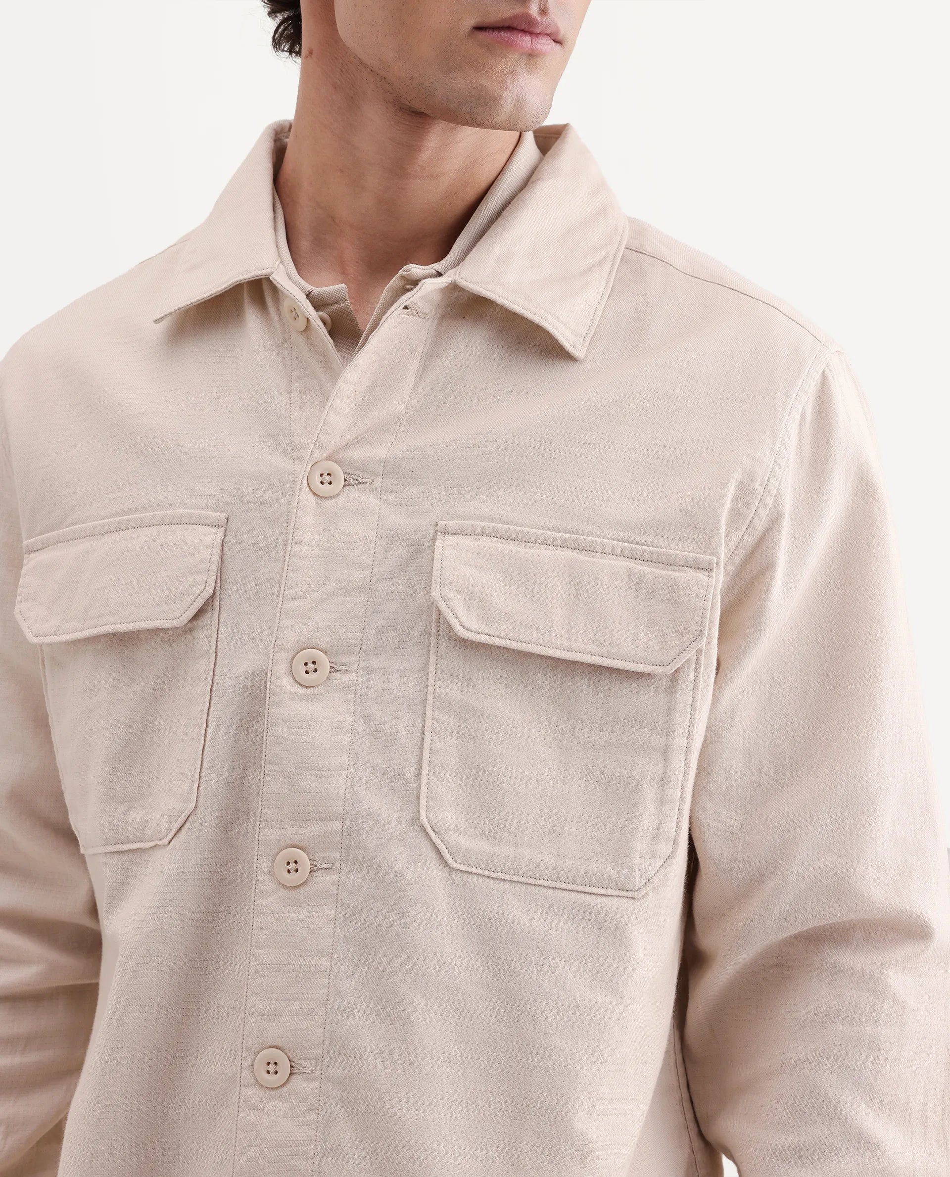 Rare Rabbit Men's Prest-Aw26 Off White Cotton Spread Collar Button Relaxed Plain Shacket