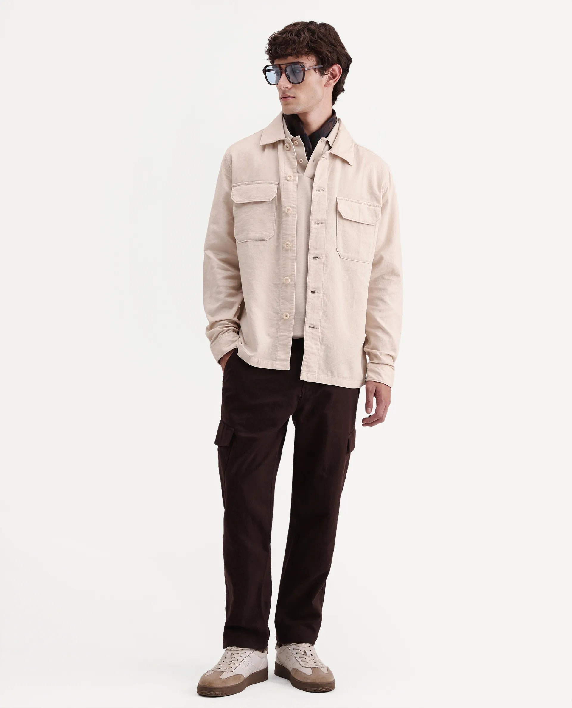 Rare Rabbit Men's Prest-Aw26 Off White Cotton Spread Collar Button Relaxed Plain Shacket