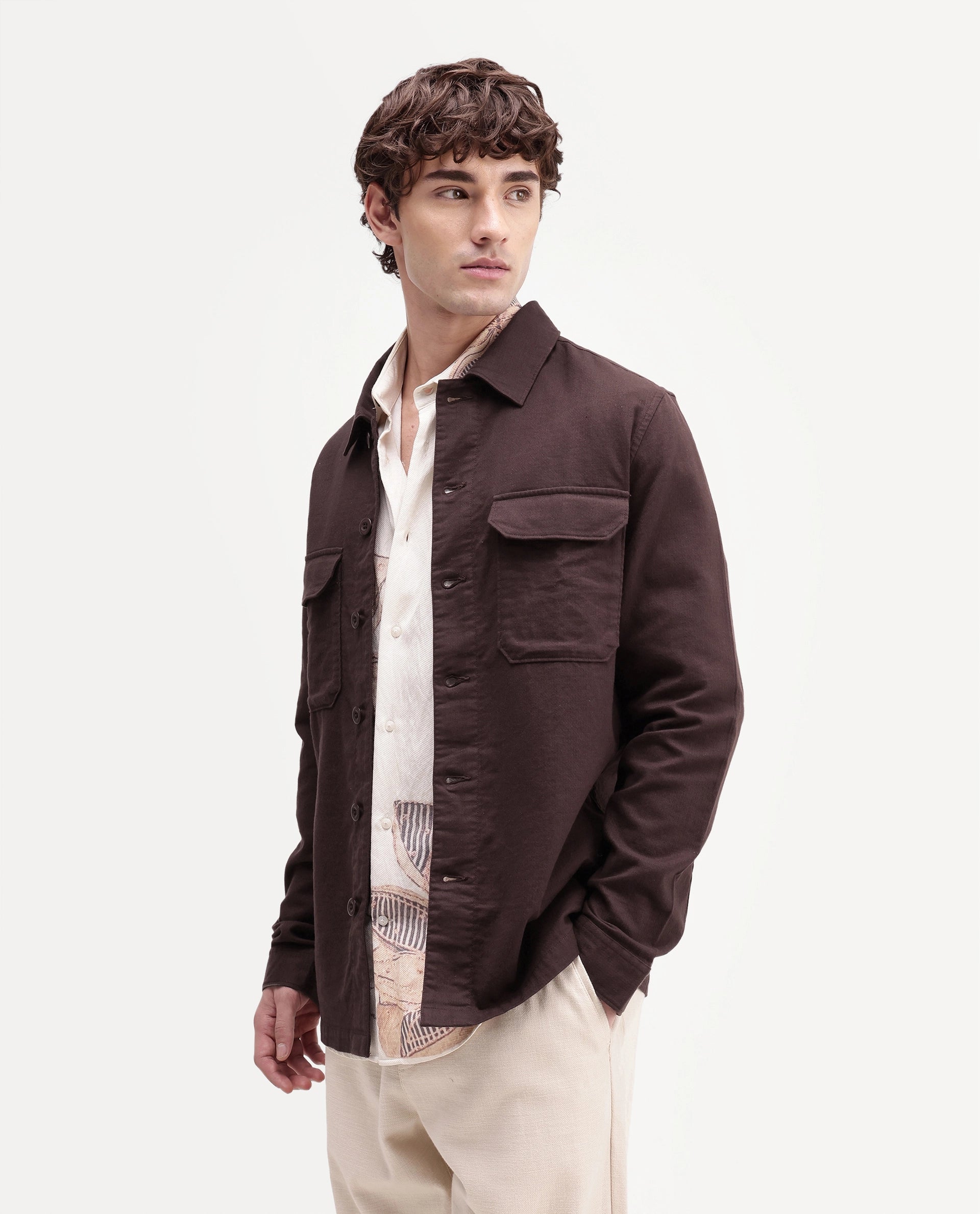 Rare Rabbit Men's Prest-Aw26 Brown Cotton Spread Collar Button Relaxed Plain Shacket