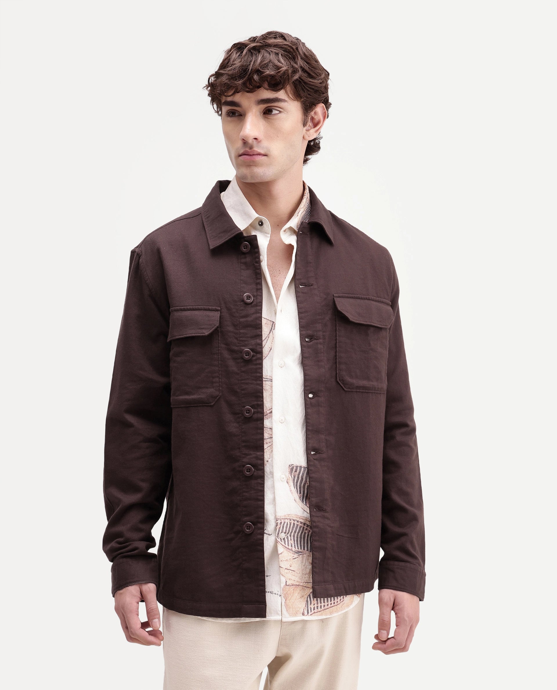 Rare Rabbit Men's Prest-Aw26 Brown Cotton Spread Collar Button Relaxed Plain Shacket