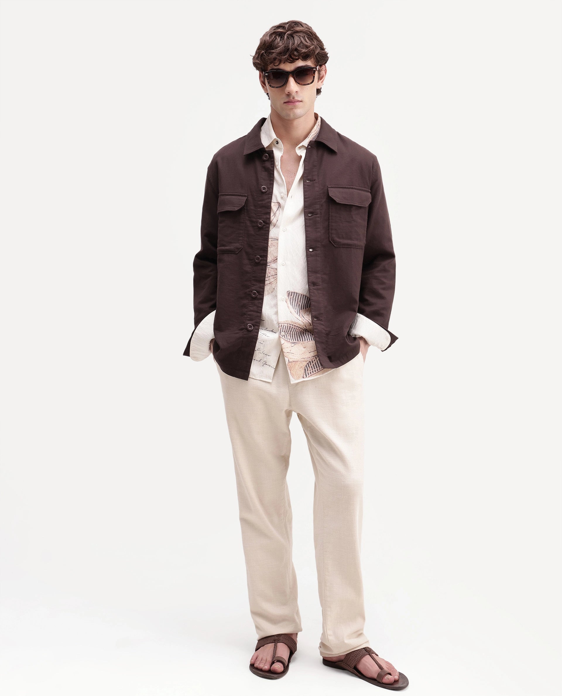 Rare Rabbit Men's Prest-Aw26 Brown Cotton Spread Collar Button Relaxed Plain Shacket
