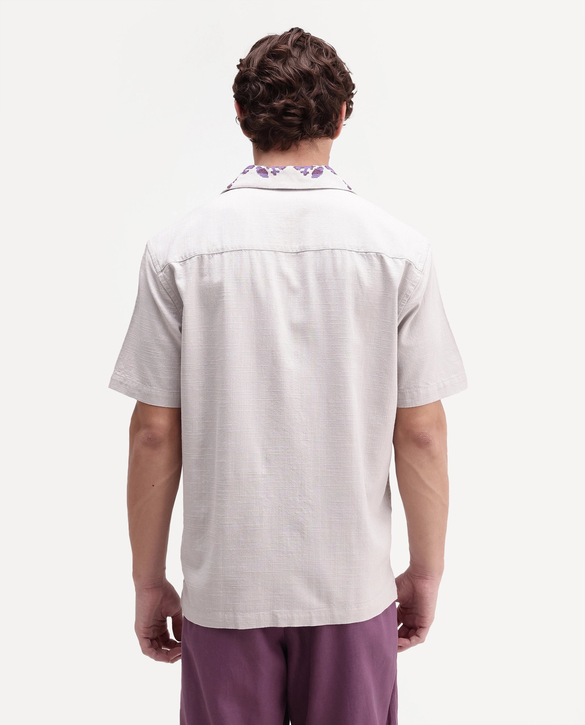Rare Rabbit Men's Vrab Light Grey Cotton Blend Cuban Collar Button Relaxed Embroidered Shirt