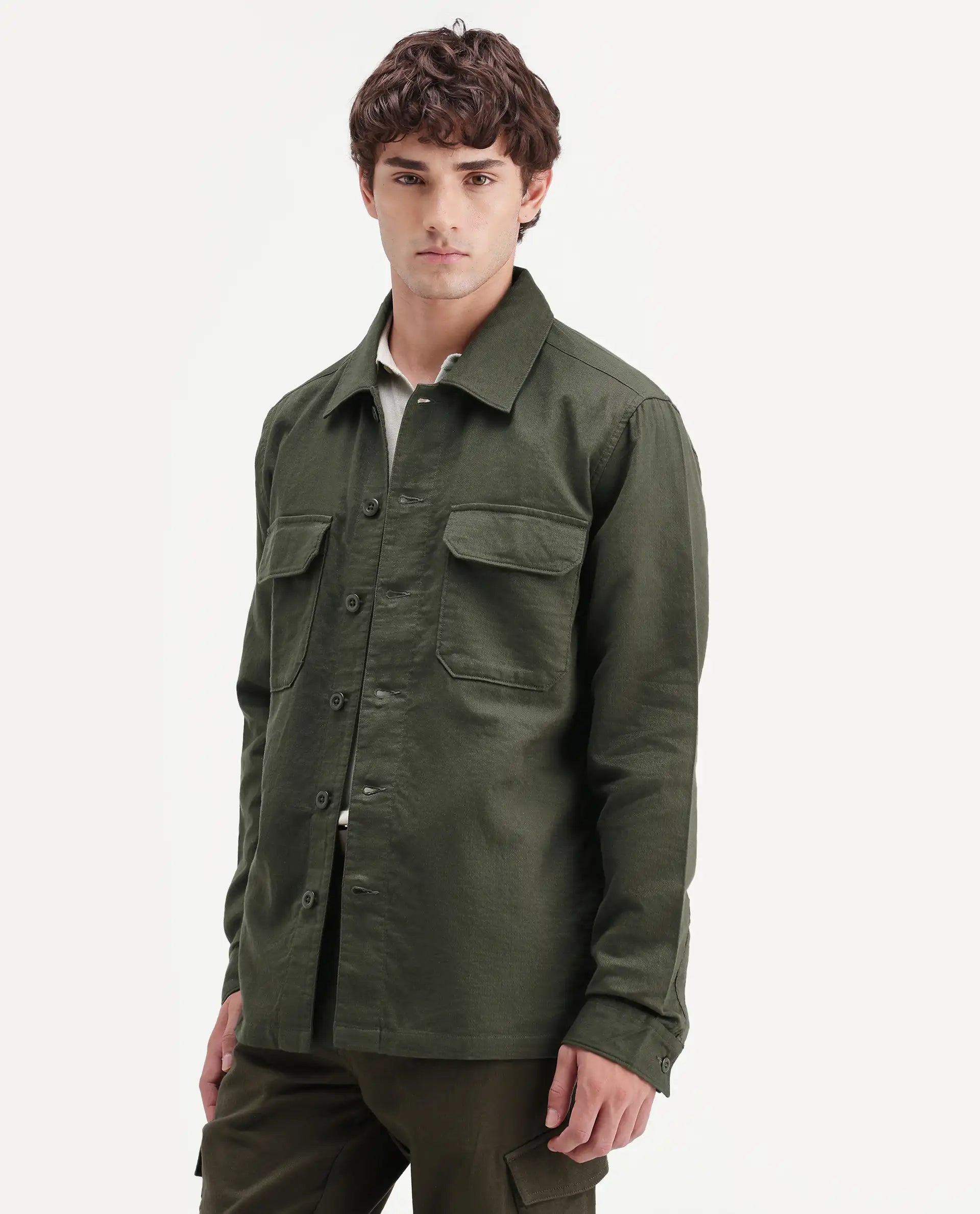 Rare Rabbit Men's Prest-Aw26 Olive Cotton Spread Collar Button Relaxed Plain Shacket