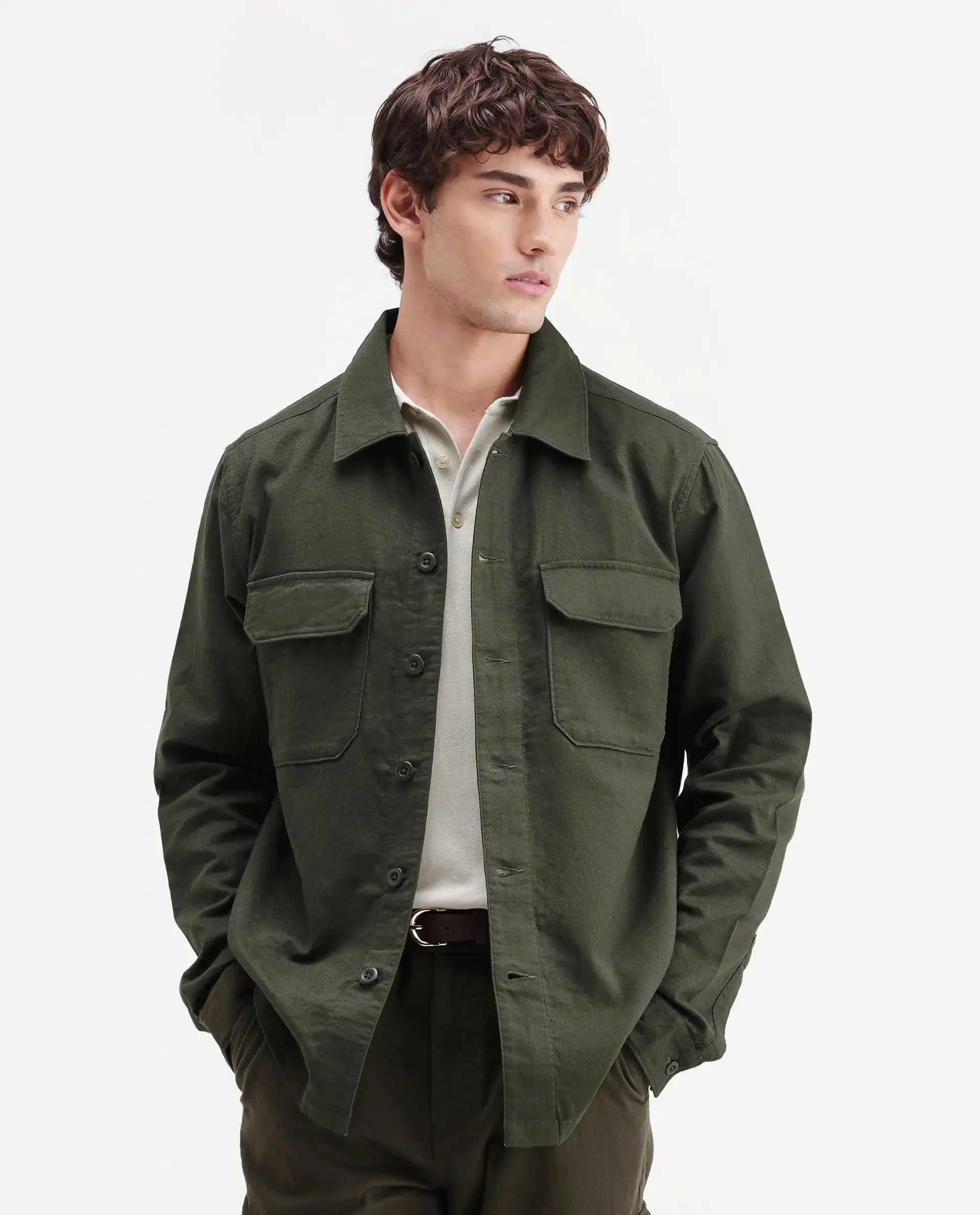 Rare Rabbit Men's Prest-Aw26 Olive Cotton Spread Collar Button Relaxed Plain Shacket