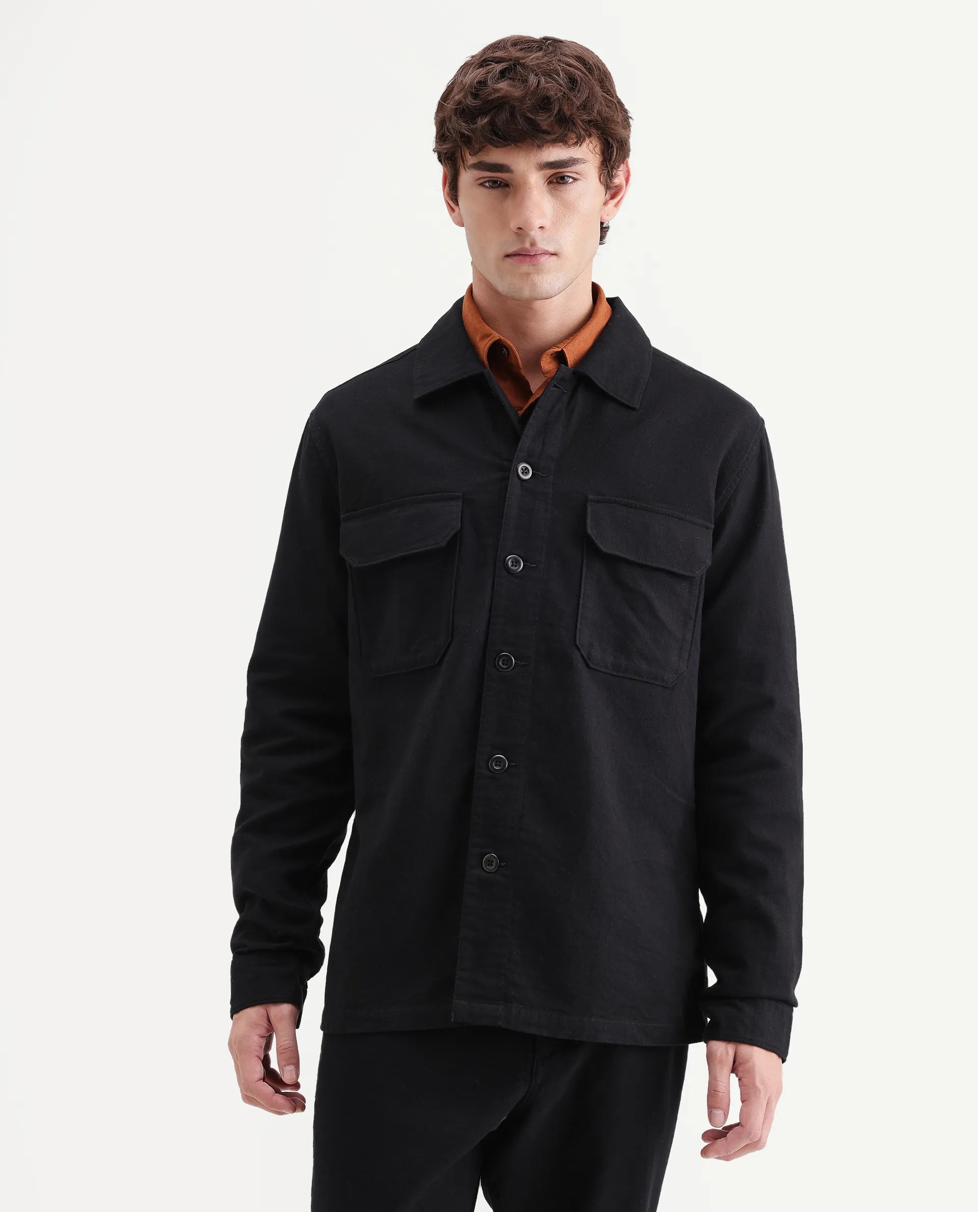 Rare Rabbit Men's Prest-Aw26 Black Cotton Spread Collar Button Relaxed Plain Shacket