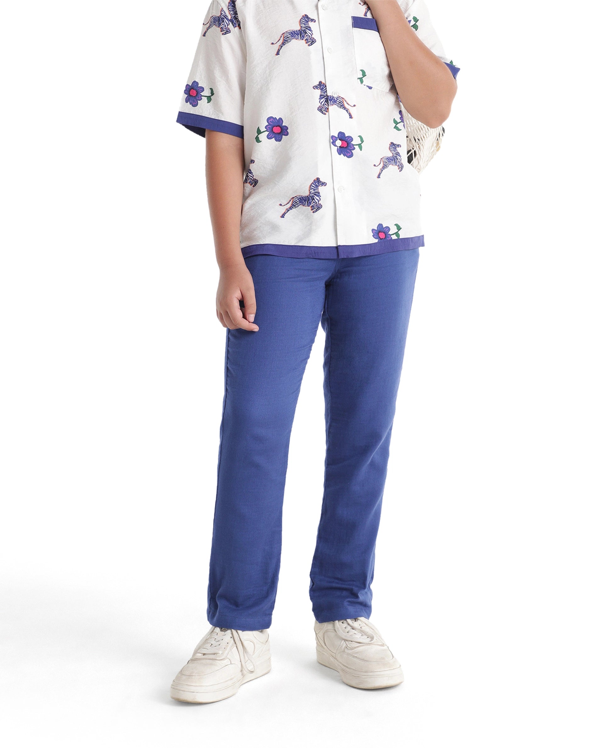 Rare Ones Kids Pastor-K-Aw26 Blue Cotton Fabric Drawstring Closure Regular Fit Trouser