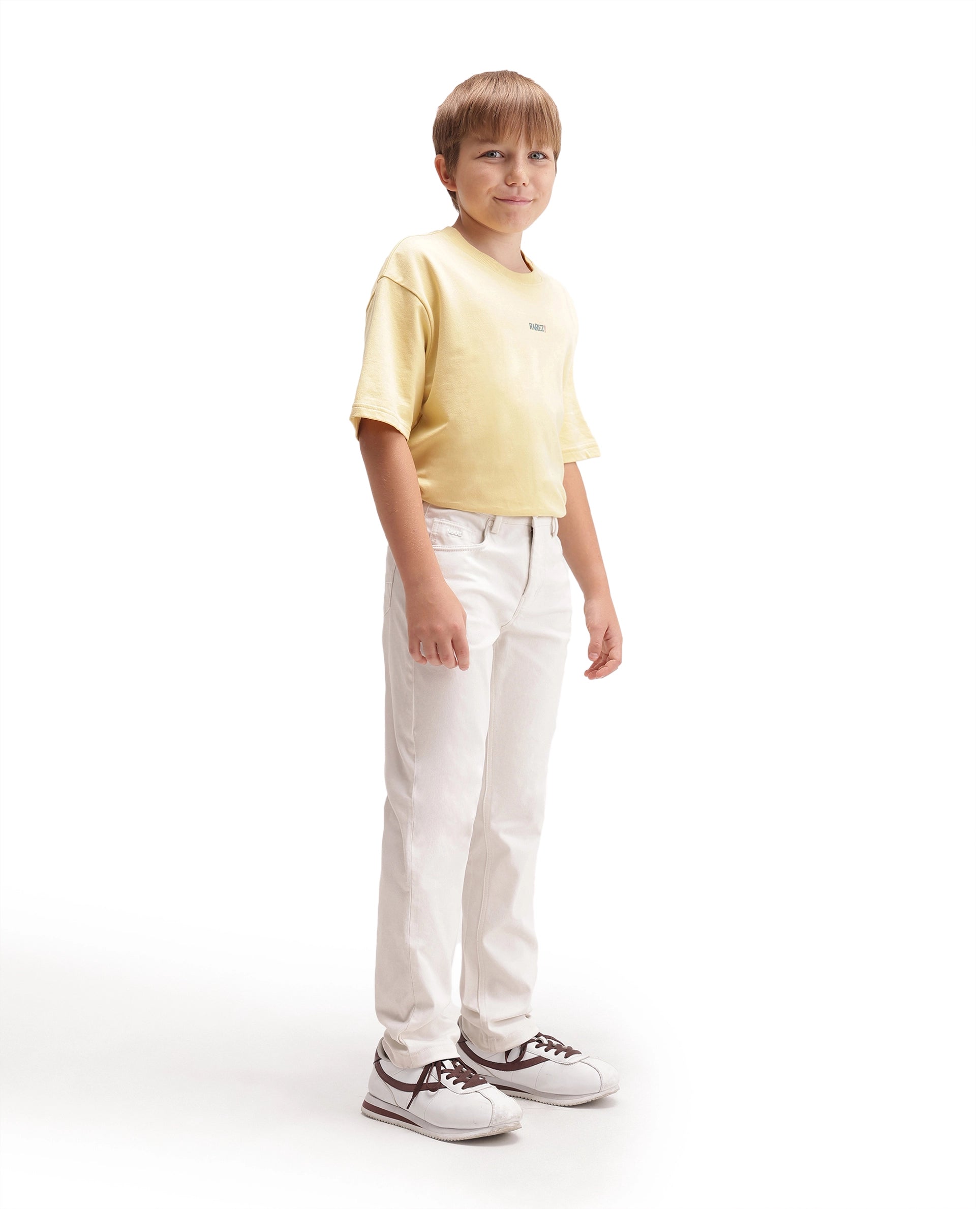 Rare Ones Kids Spoke-K-Aw26 White Cotton Blend Fabric Button And Zipper Closure Slim Fit Trouser