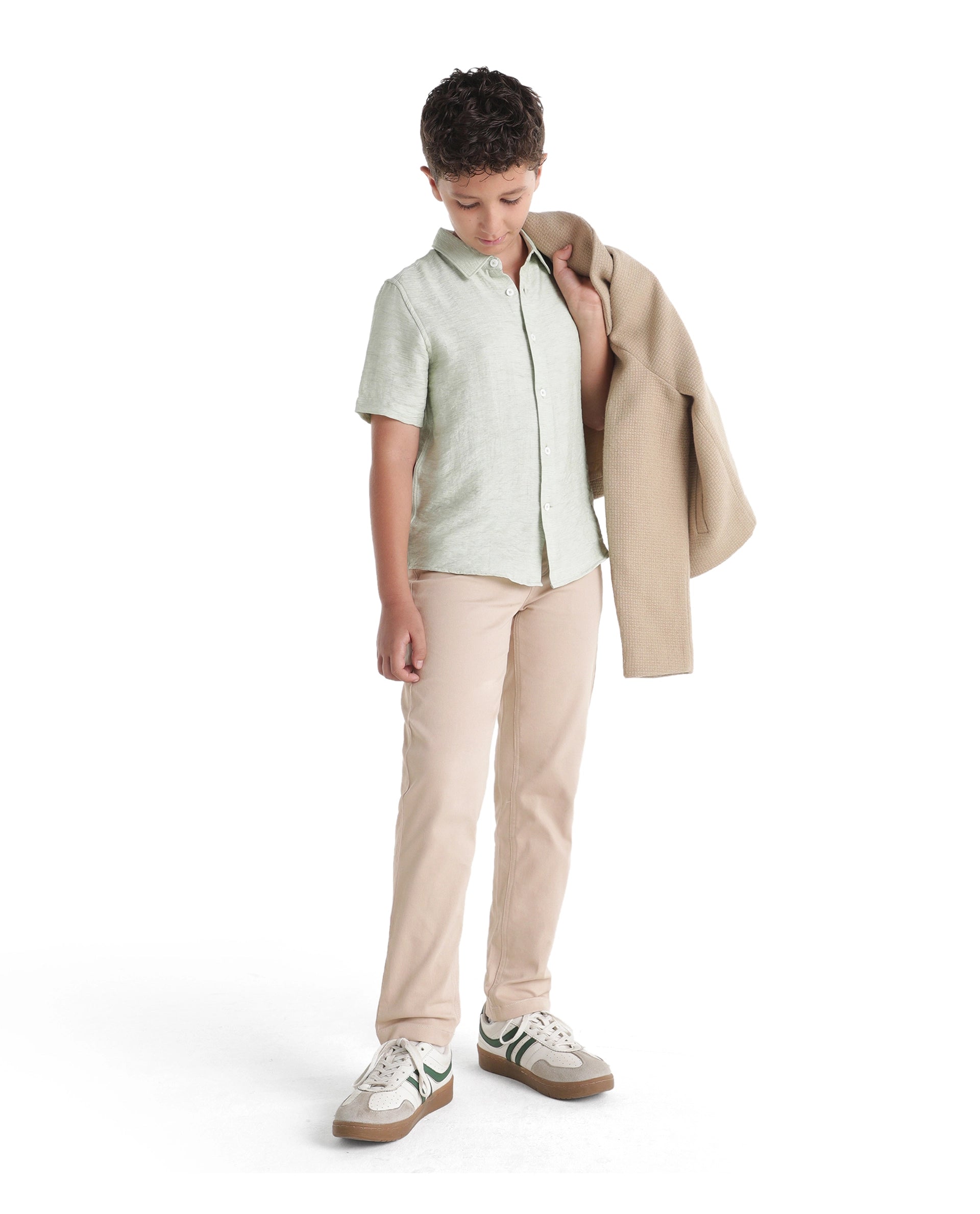 Rare Ones Kids Spoke-K-Aw26 Beige Cotton Blend Fabric Button And Zipper Closure Slim Fit Trouser