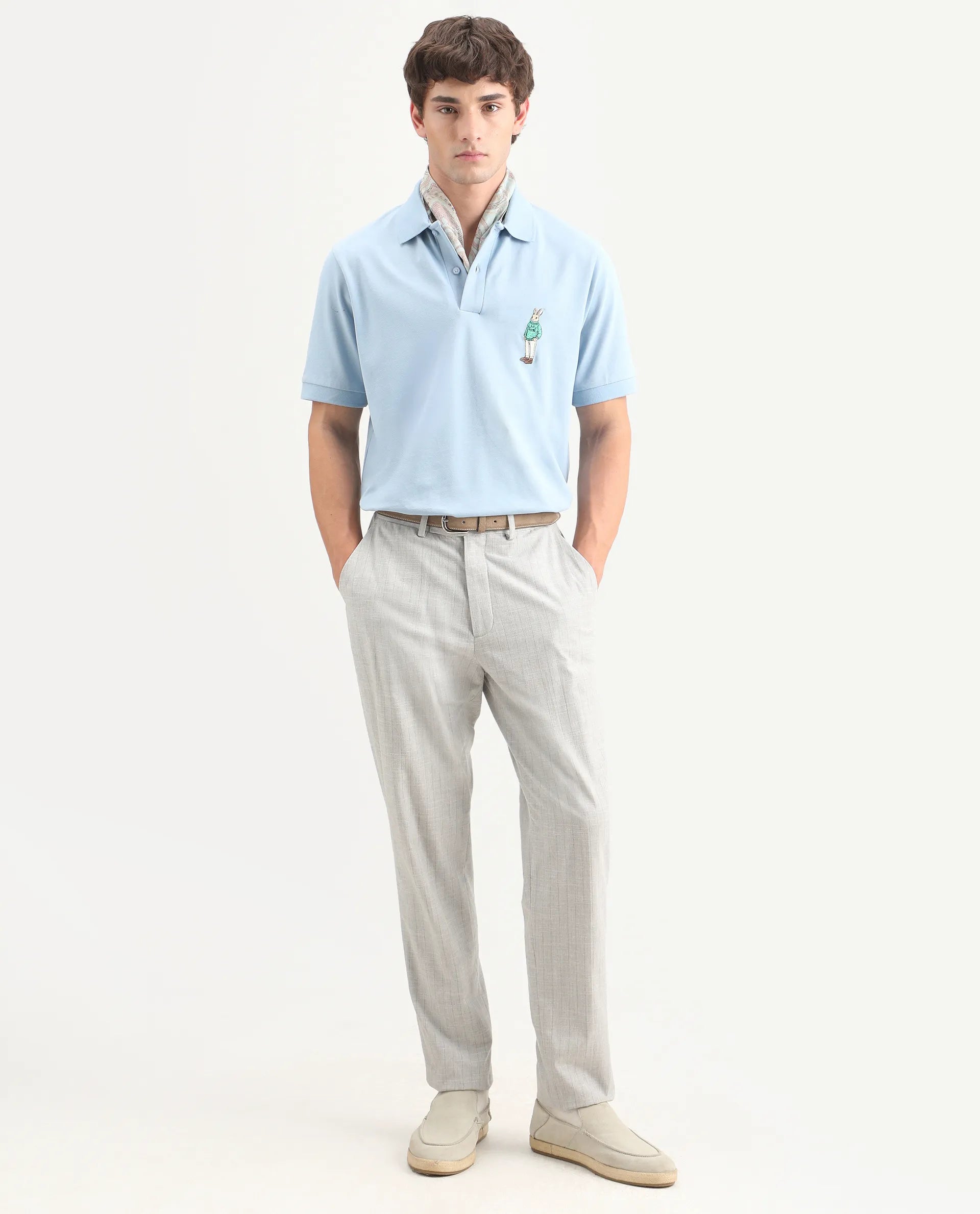 Rare Rabbit Men's Mascos Light Blue Cotton Blend Spread Collar Regular Fit Embroidered Polo