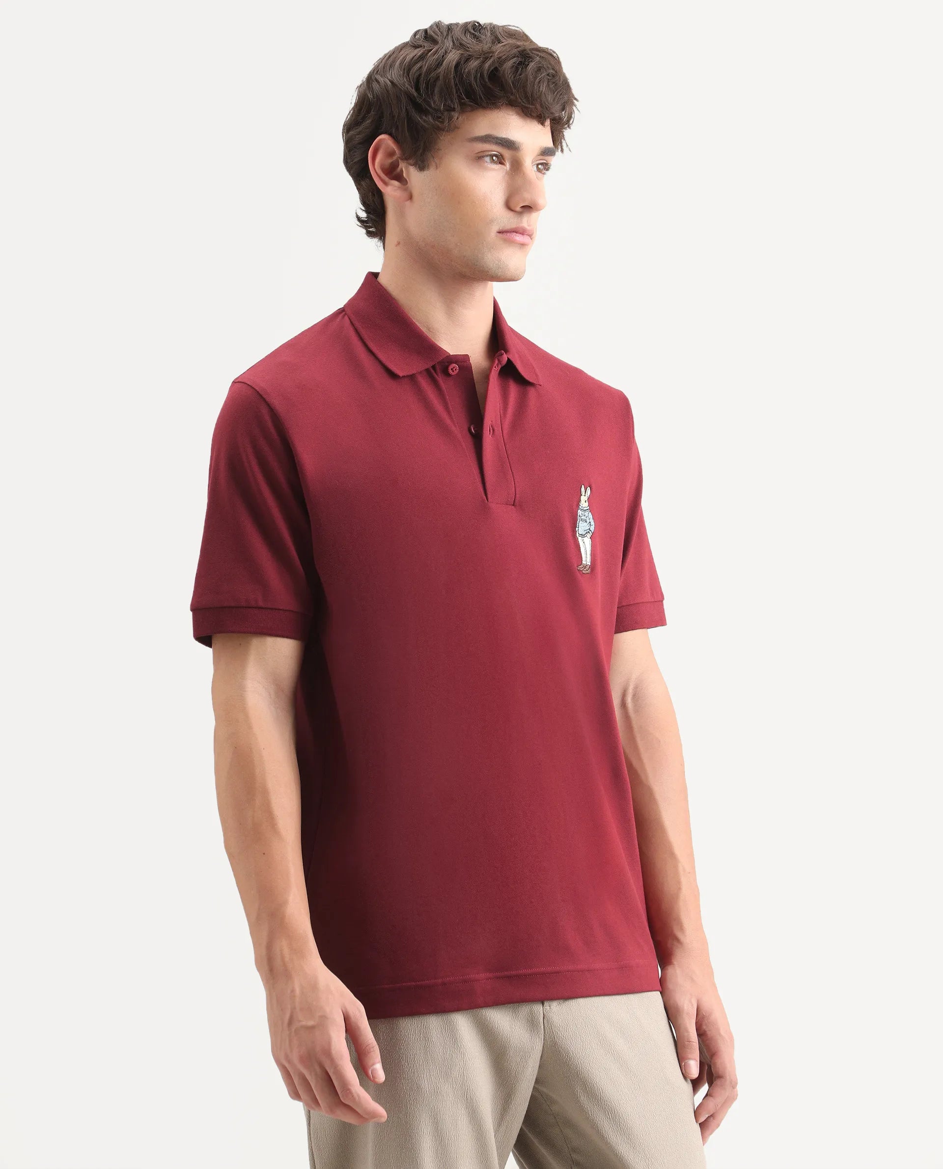 Rare Rabbit Men's Mascos Red Cotton Blend Spread Collar Regular Fit Embroidered Polo