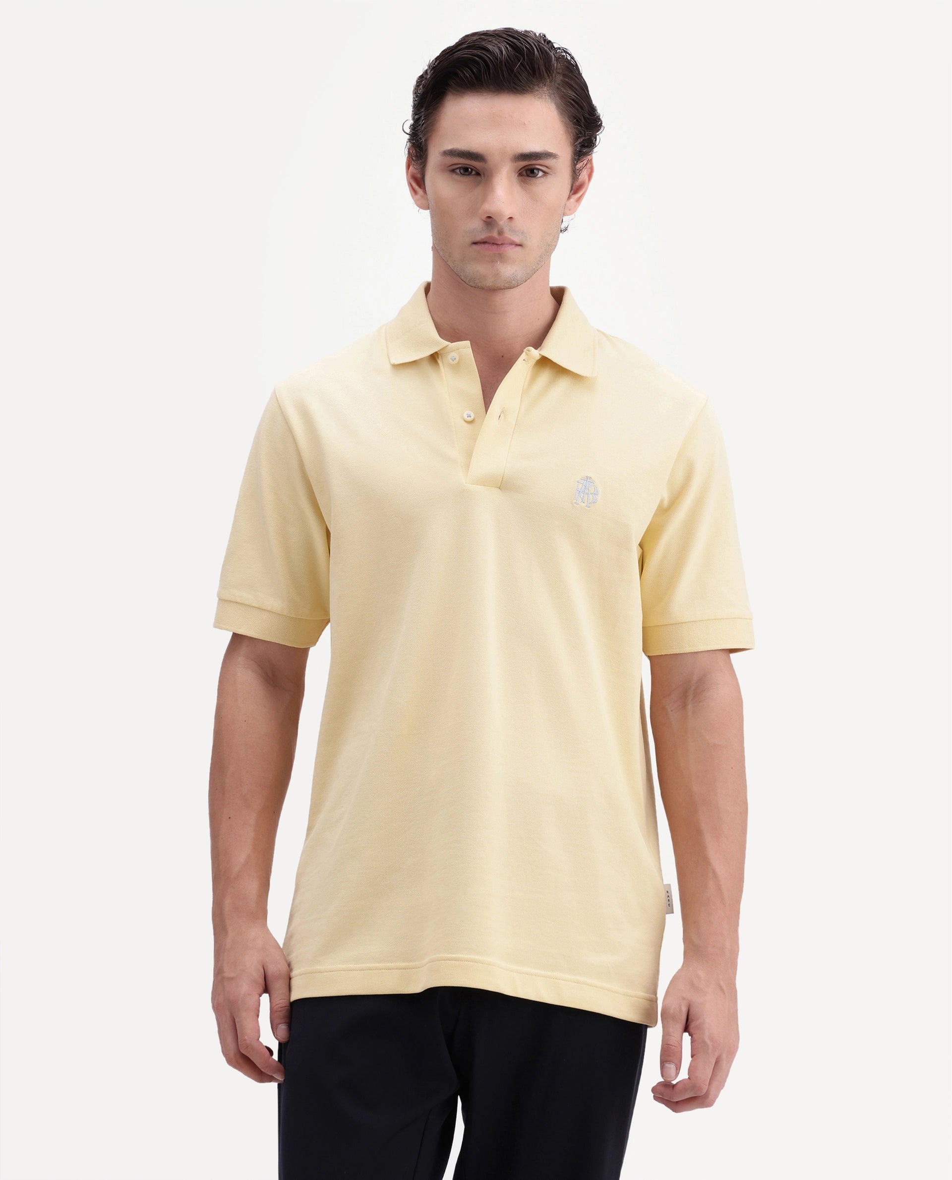 Rare Rabbit Men's Walp Light Yellow Cotton Blend Spread Collar Regular Plain Polo