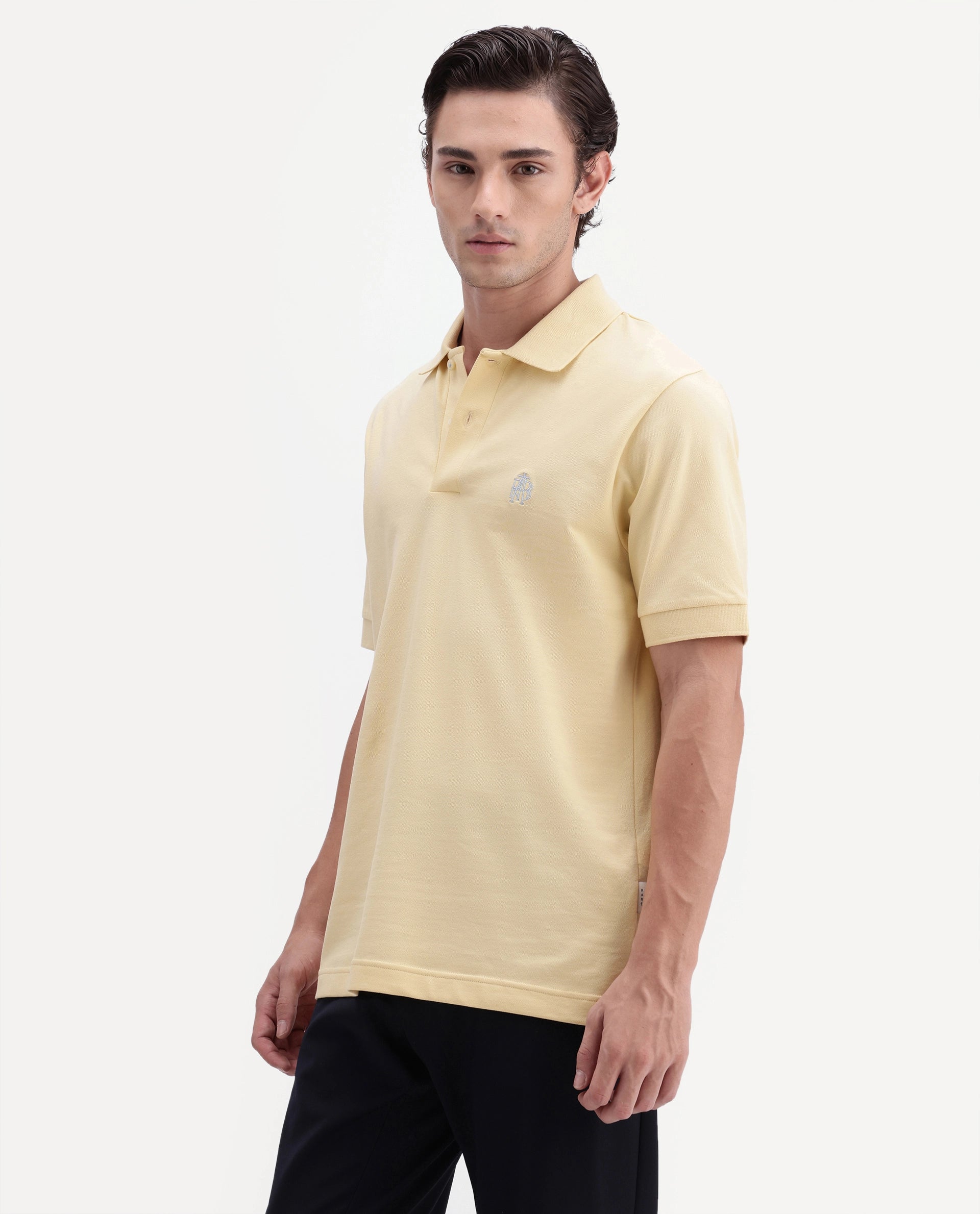 Rare Rabbit Men's Walp Light Yellow Cotton Blend Spread Collar Regular Plain Polo