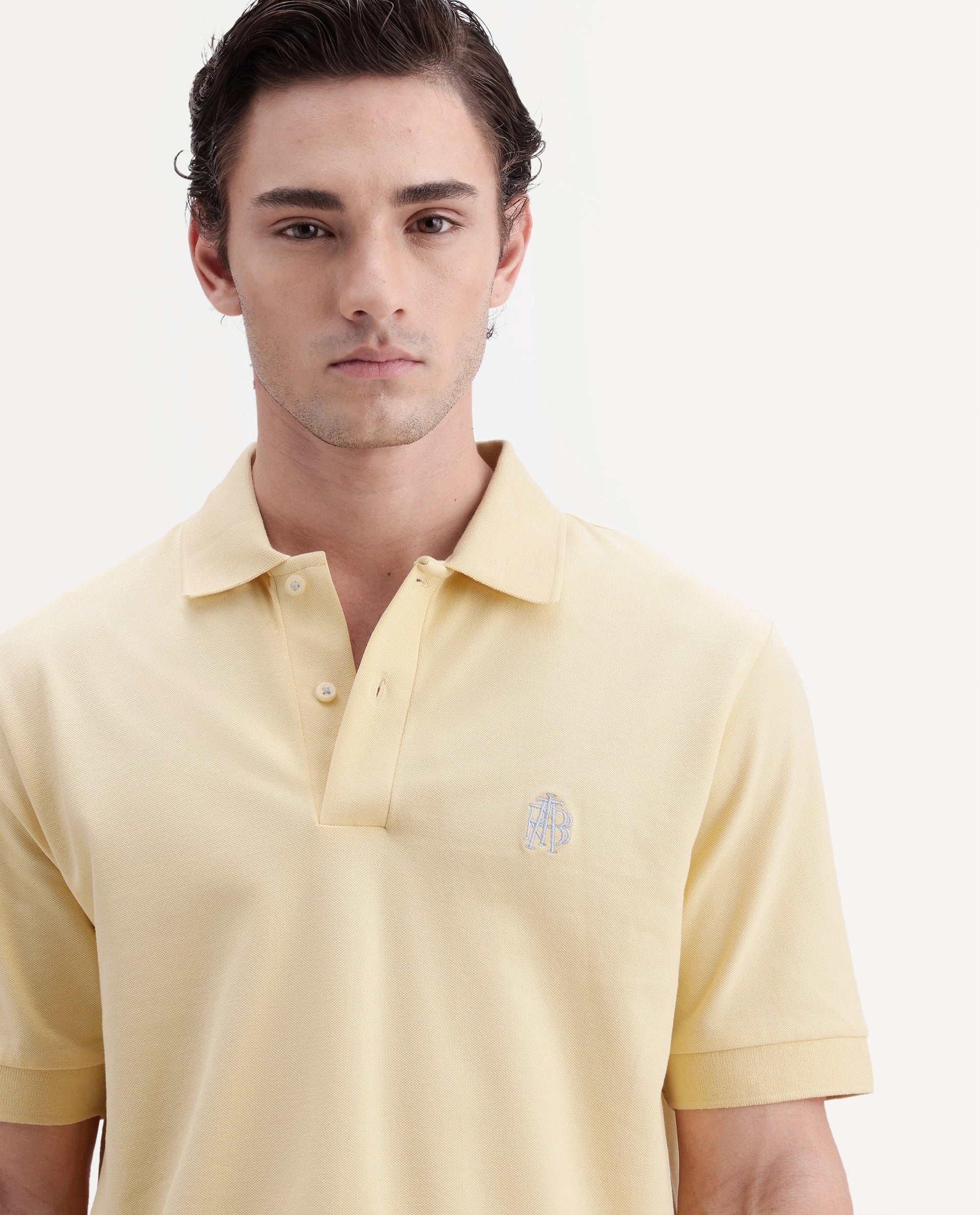 Rare Rabbit Men's Walp Light Yellow Cotton Blend Spread Collar Regular Plain Polo