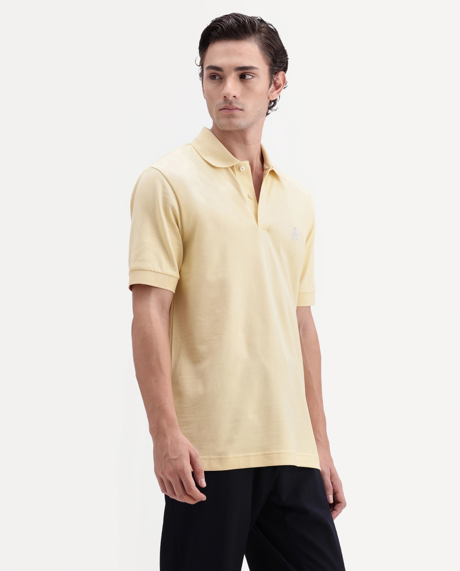 Rare Rabbit Men's Walp Light Yellow Cotton Blend Spread Collar Regular Plain Polo