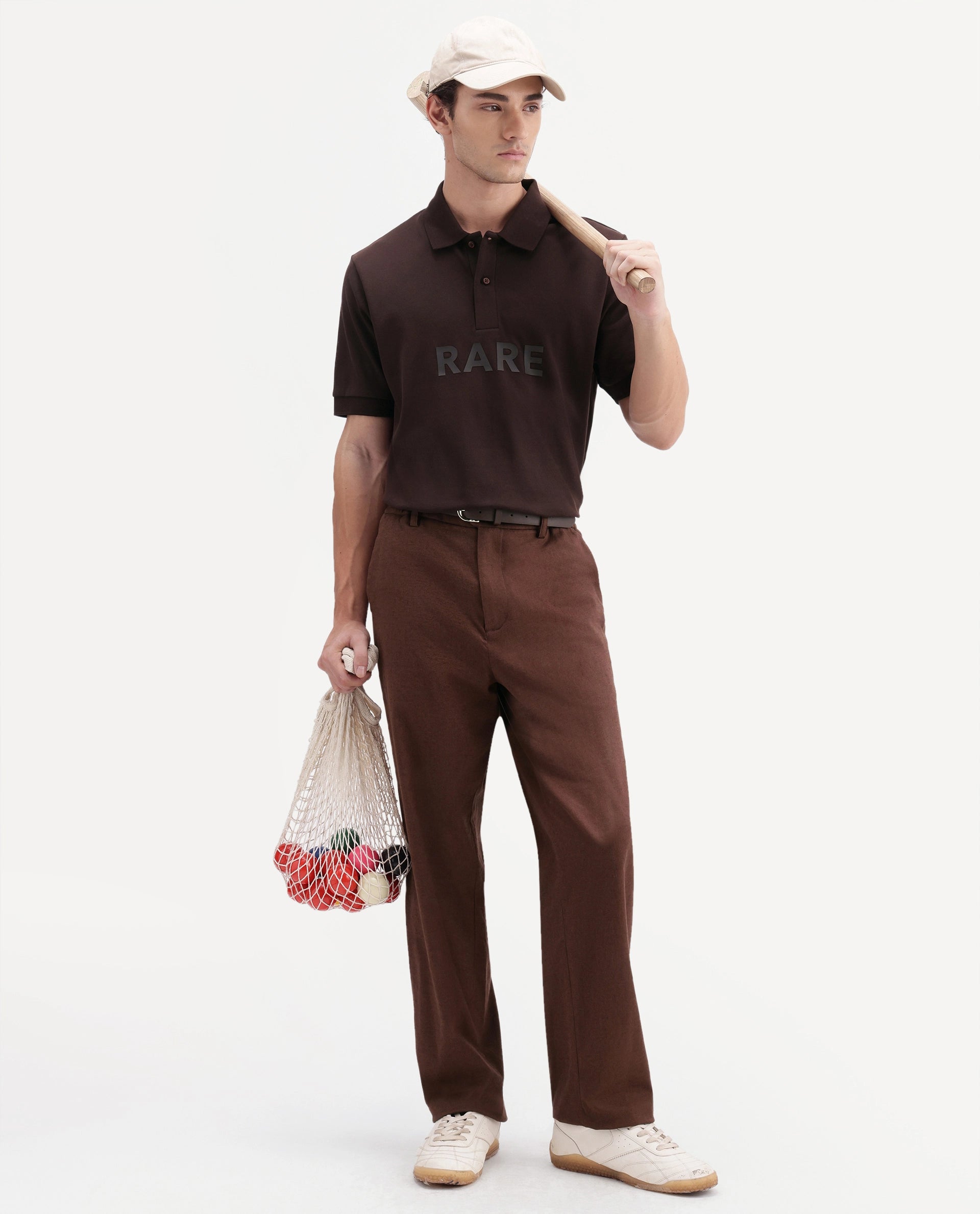 Rare Rabbit Men's Gael Dark Brown Cotton Blend Spread Collar Regular Graphic Print Polo