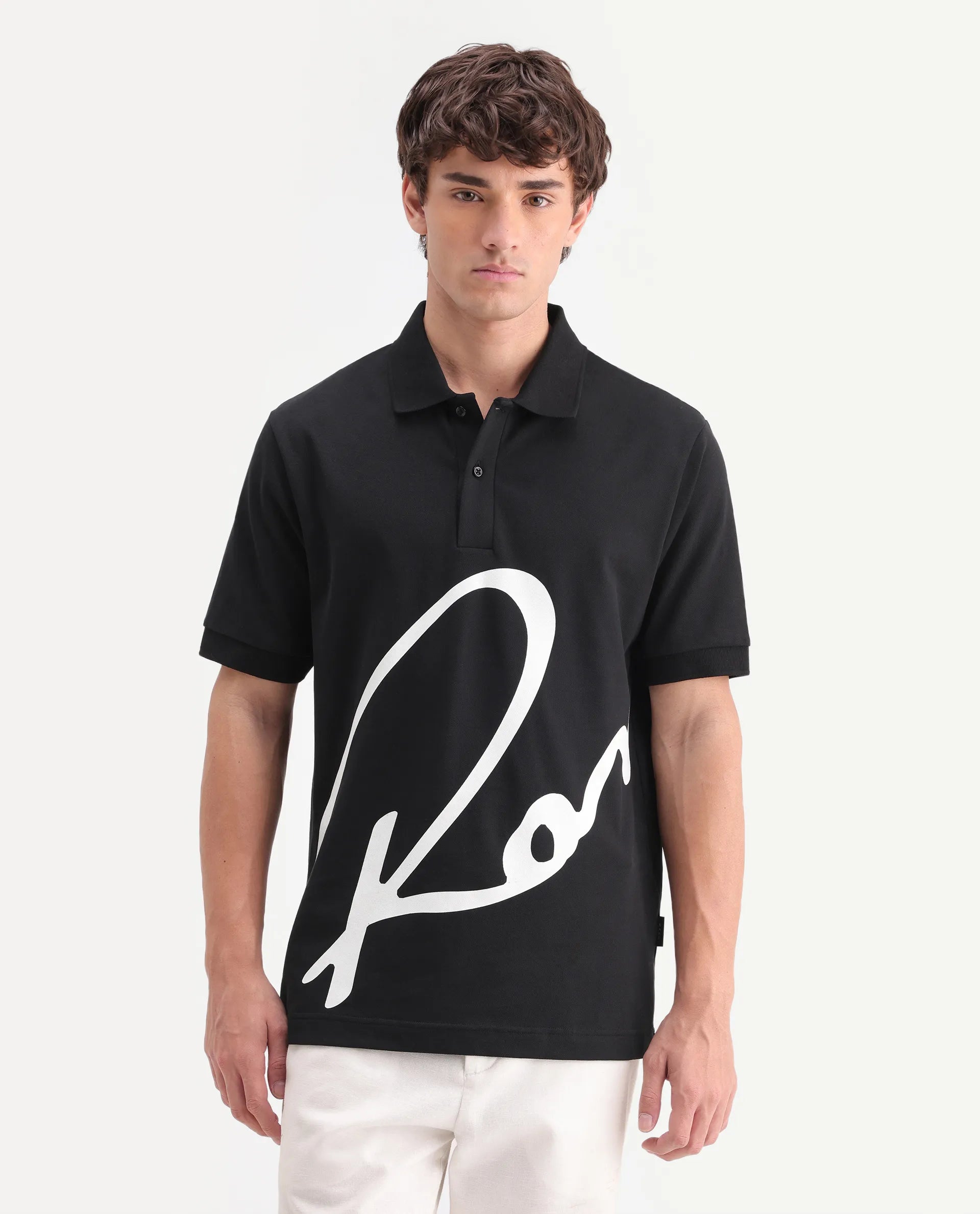 Rare Rabbit Men's Jefra Black Cotton Blend Regular Fit Half Sleeves Graphic Print Polo