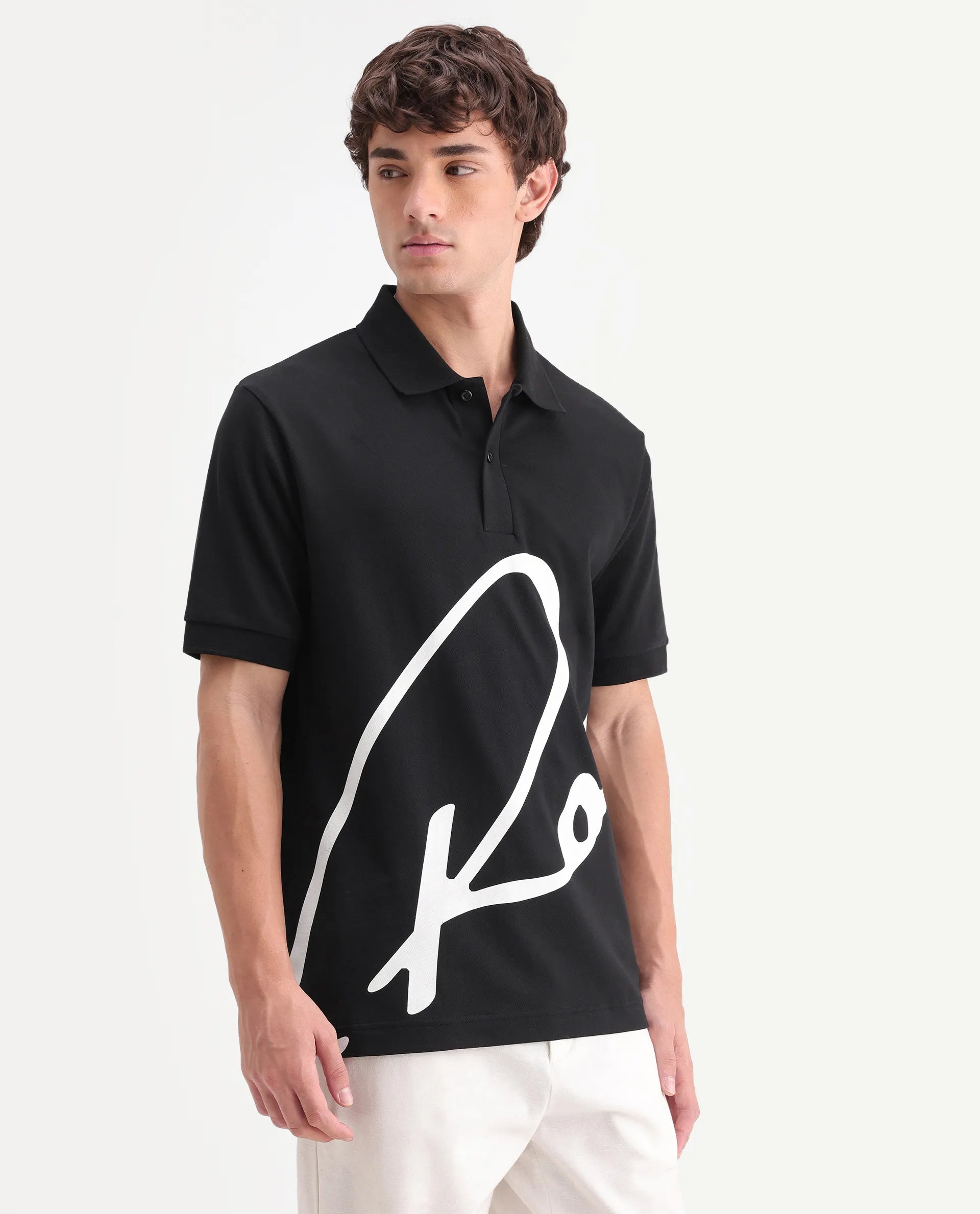 Rare Rabbit Men's Jefra Black Cotton Blend Regular Fit Half Sleeves Graphic Print Polo